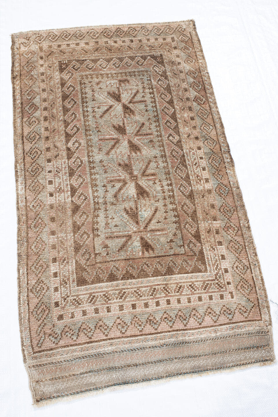 2' x 3' one-of-a-kind handmade vintage Belouch small size rug. Color palette: taupe, ivory, blush, brown, camel, sage, beige