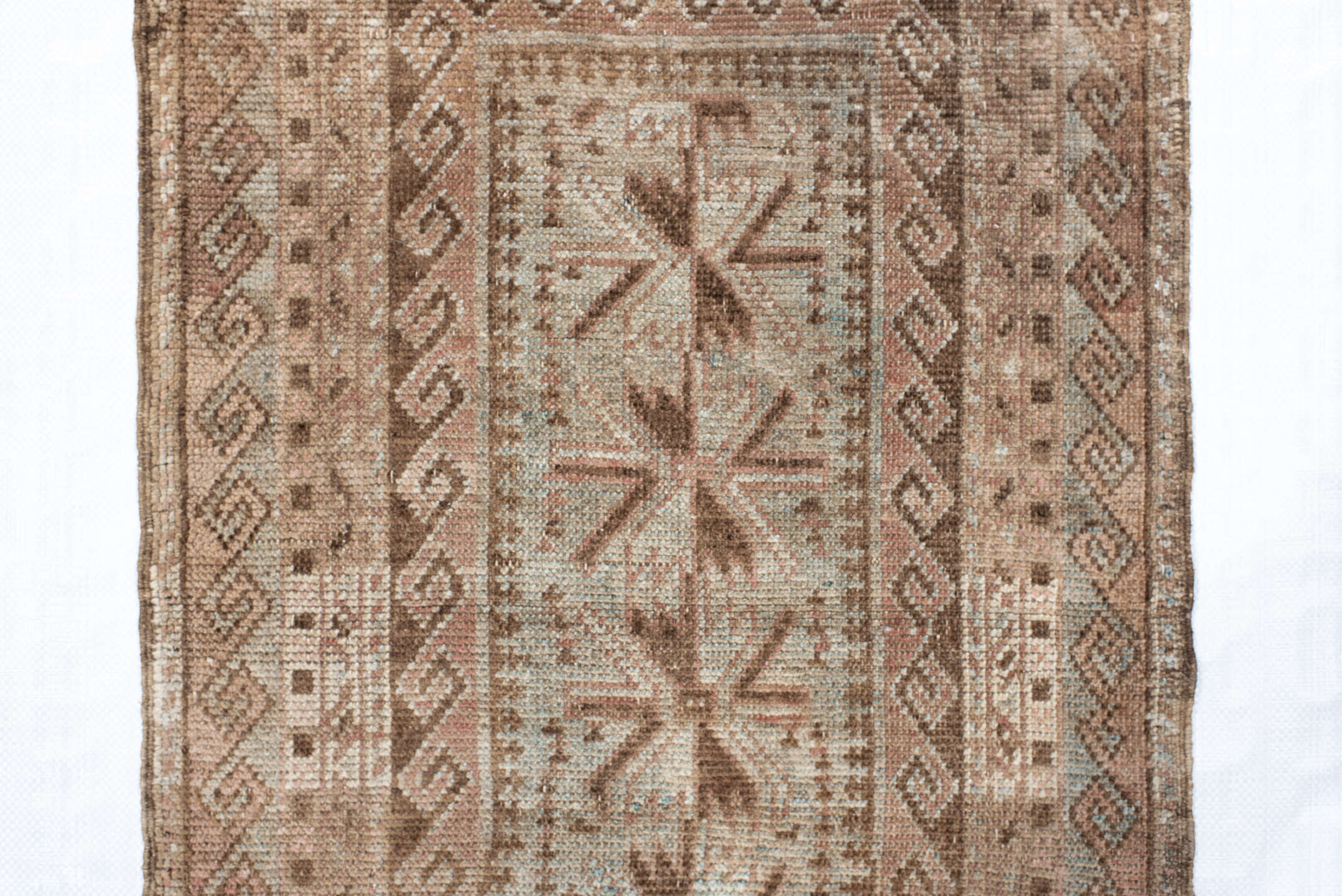 2' x 3' one-of-a-kind handmade vintage Belouch small size rug. Color palette: taupe, ivory, blush, brown, camel, sage, beige