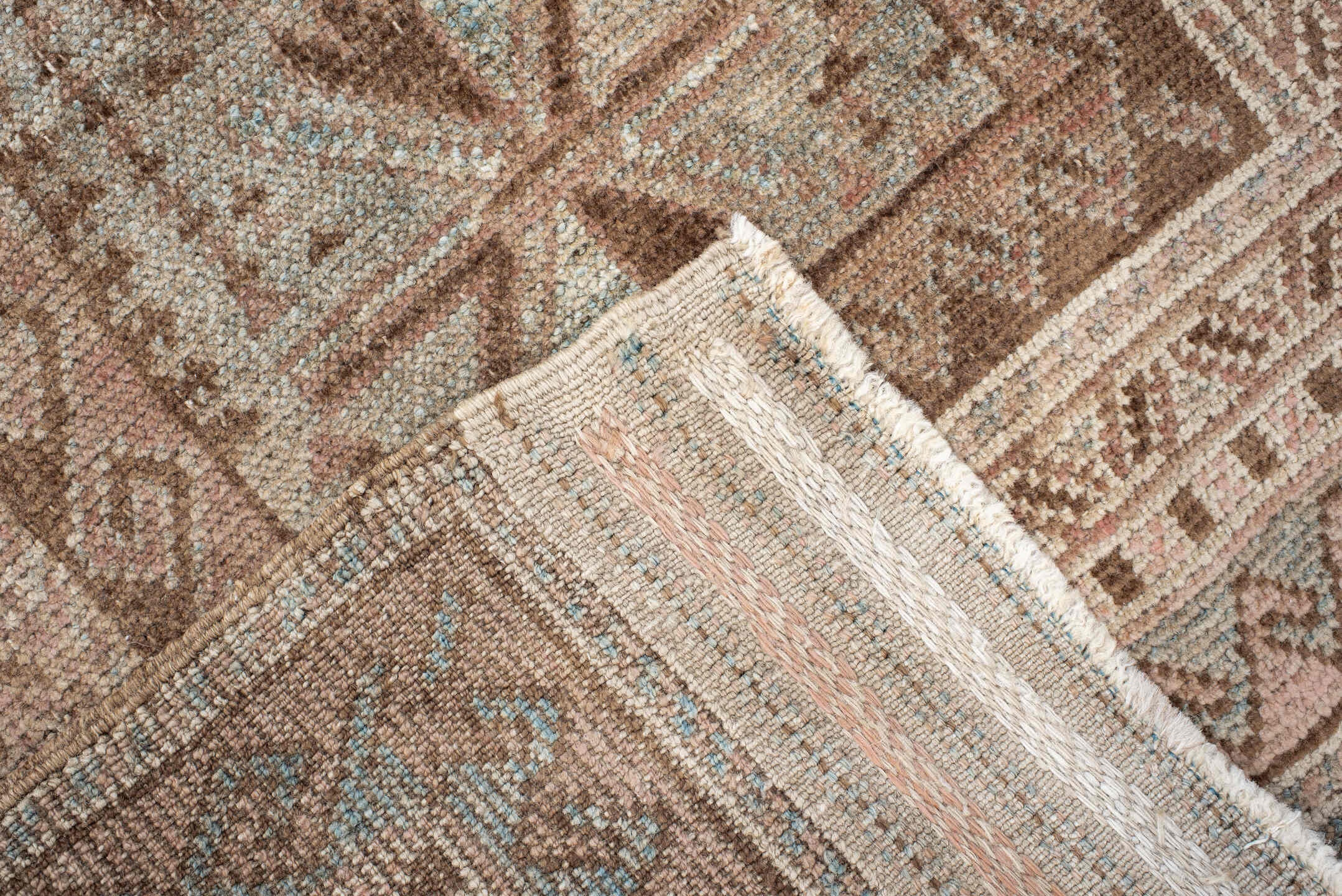 2' x 3' one-of-a-kind handmade vintage Belouch small size rug. Color palette: taupe, ivory, blush, brown, camel, sage, beige