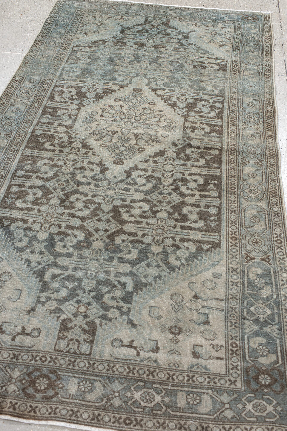 4' x 7' one-of-a-kind handmade antique Malayer rug. Color palette: ivory, taupe, slate, brown, charcoal, camel, beige, gray