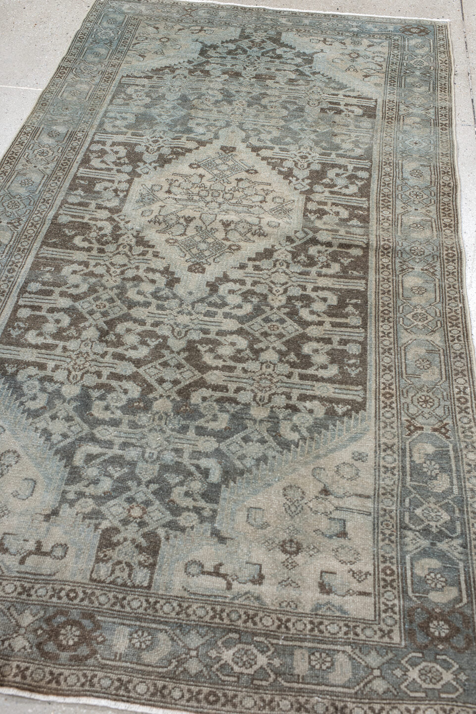 4' x 7' one-of-a-kind handmade antique Malayer rug. Color palette: ivory, taupe, slate, brown, charcoal, camel, beige, gray