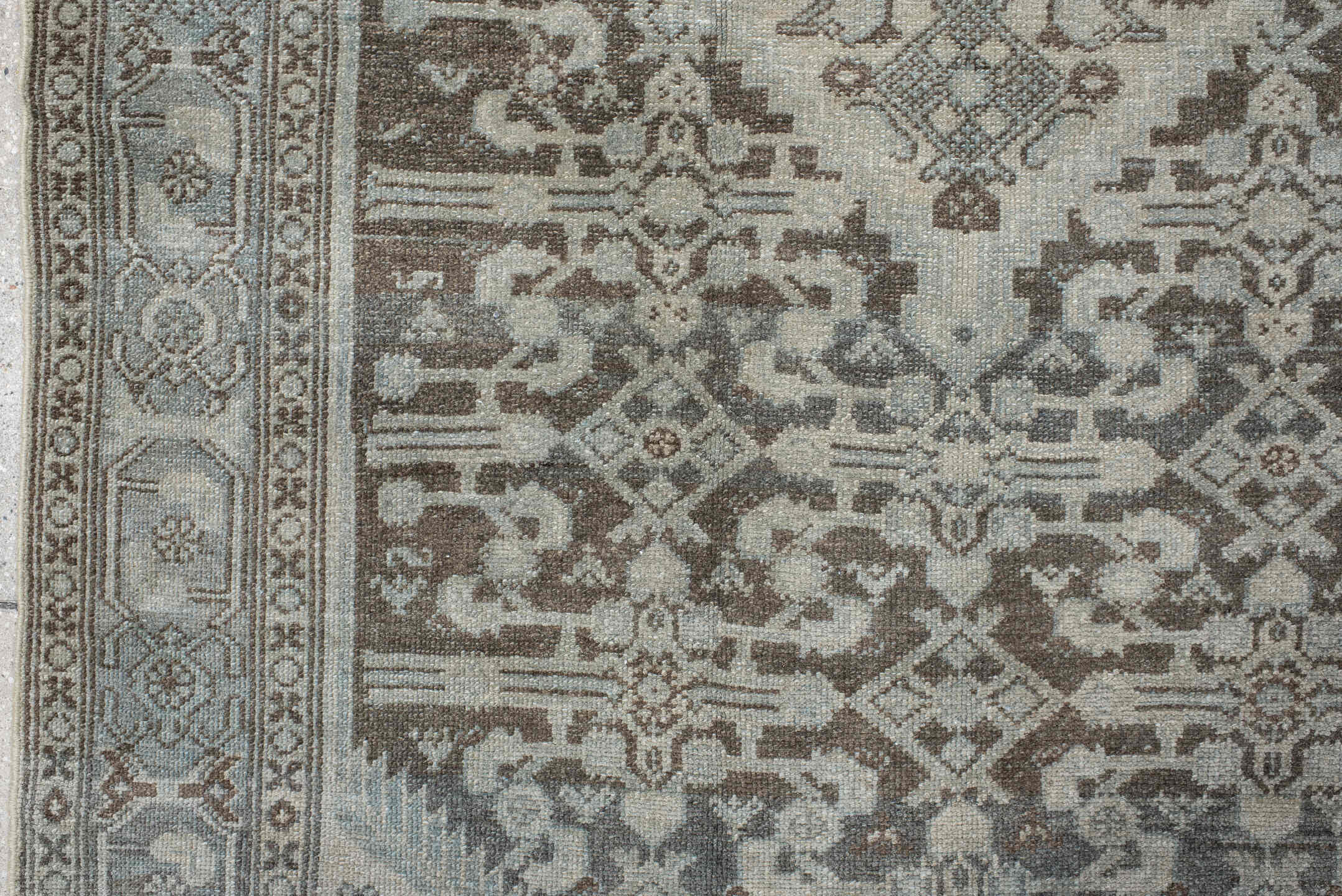 4' x 7' one-of-a-kind handmade antique Malayer rug. Color palette: ivory, taupe, slate, brown, charcoal, camel, beige, gray