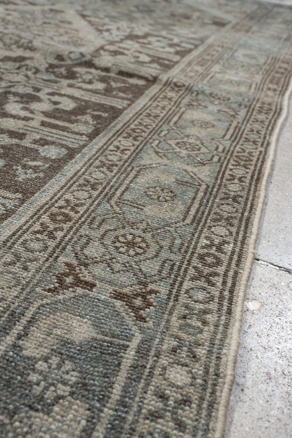4' x 7' one-of-a-kind handmade antique Malayer rug. Color palette: ivory, taupe, slate, brown, charcoal, camel, beige, gray