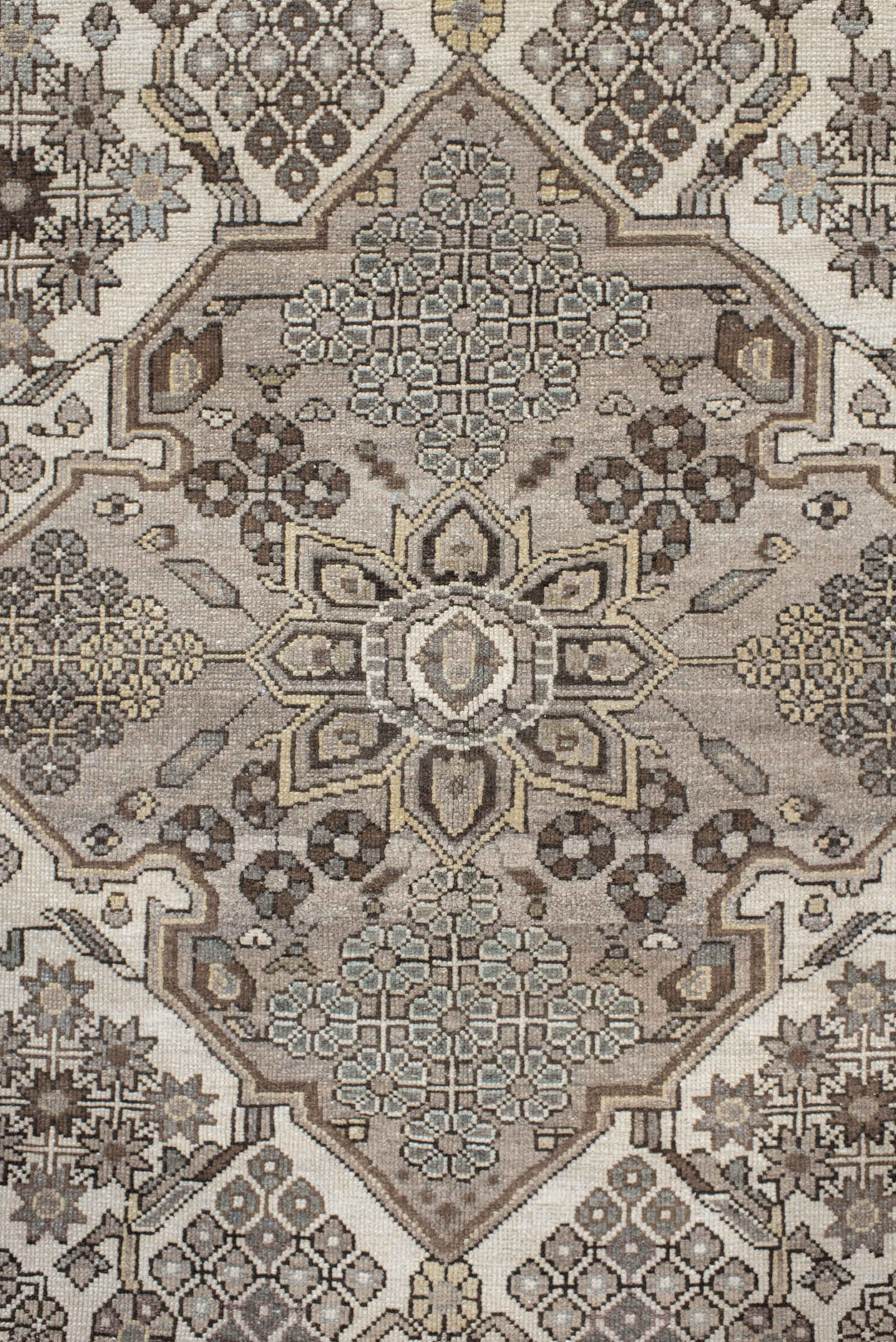 4' x 6' one-of-a-kind handmade antique Hamadan small size rug. Color palette: ivory, taupe, slate, brown, charcoal, camel