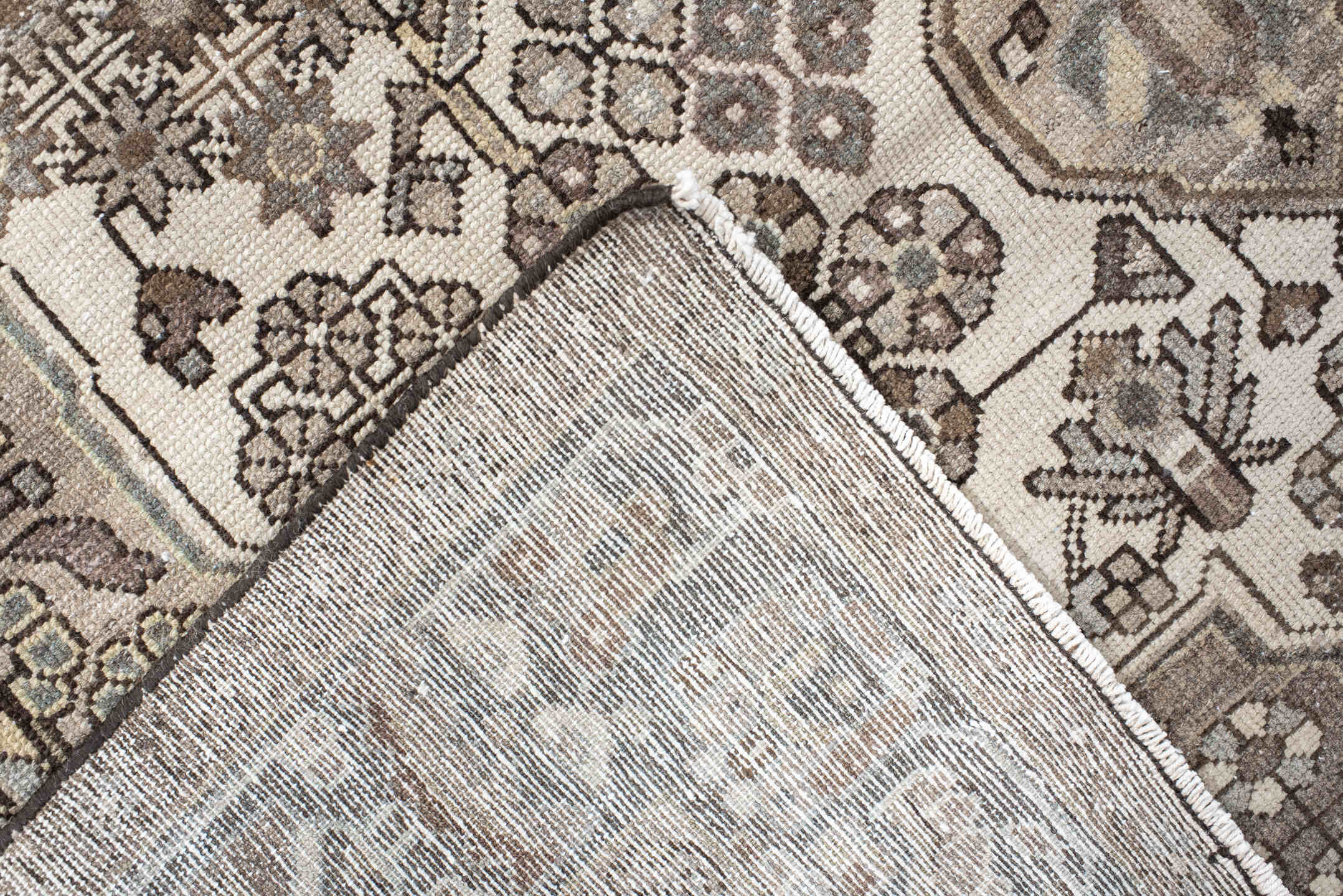 4' x 6' one-of-a-kind handmade antique Hamadan small size rug. Color palette: ivory, taupe, slate, brown, charcoal, camel