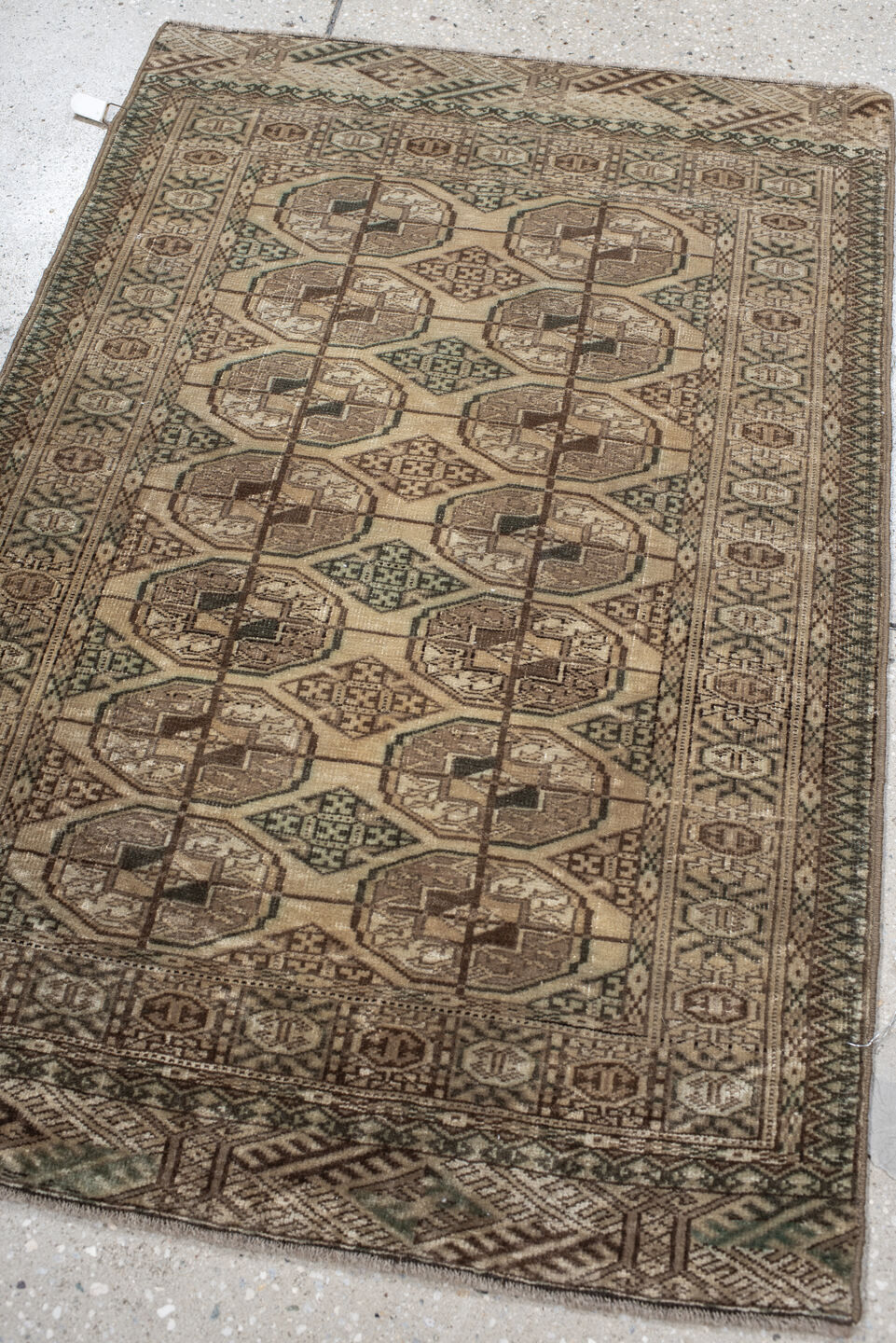 2' x 3' one-of-a-kind handmade vintage Bokara small size rug. Color palette: brown, gray, light gray, off-white