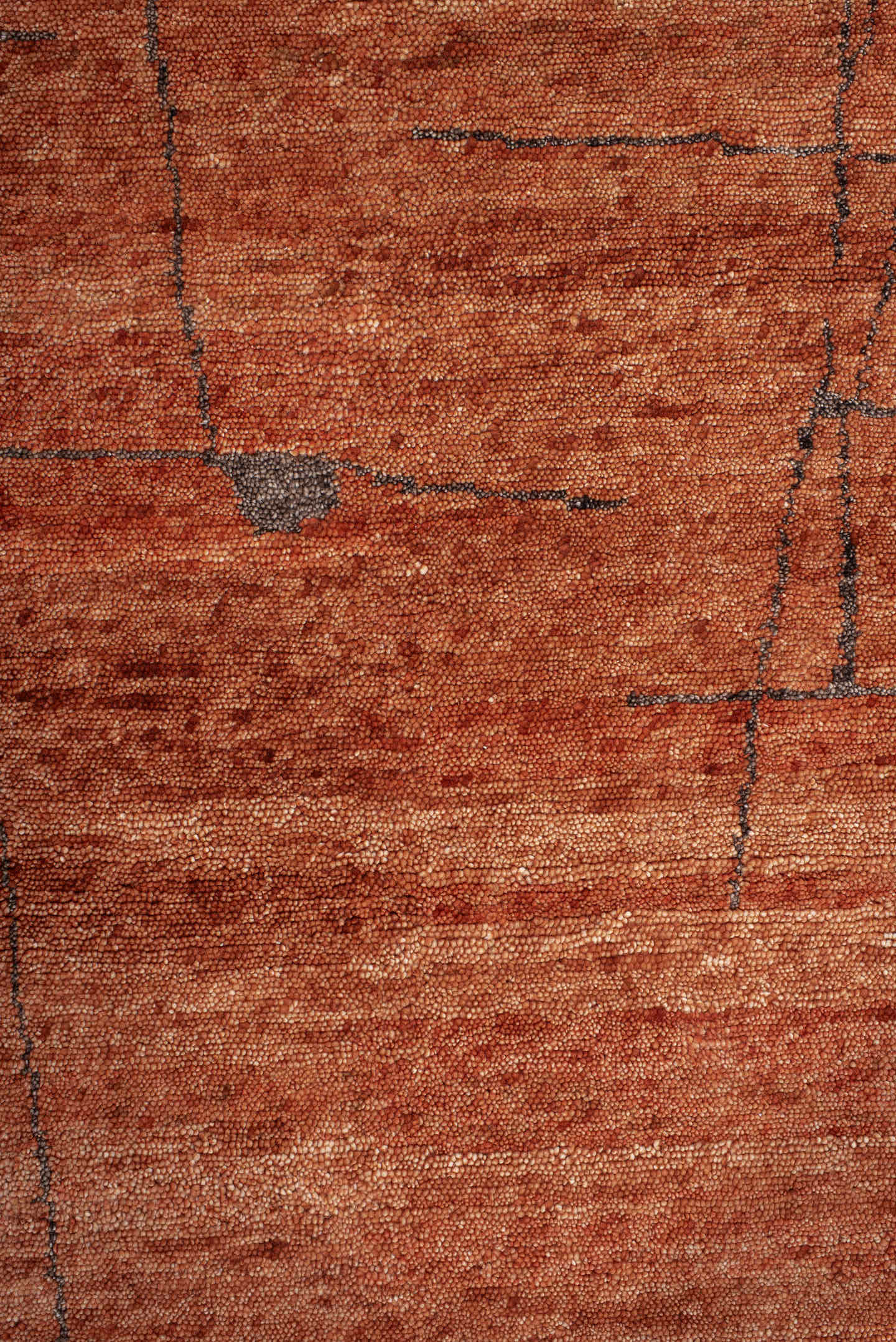 8' x 10' one-of-a-kind handmade vintage Tribeca large size rug. Color palette: terra cotta, rust, cinnamon, charcoal, copper