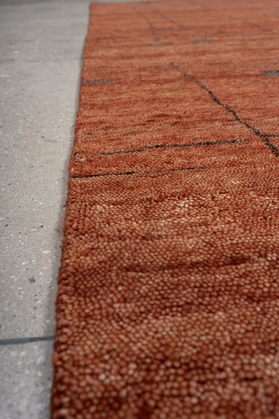 8' x 10' one-of-a-kind handmade vintage Tribeca large size rug. Color palette: terra cotta, rust, cinnamon, charcoal, copper