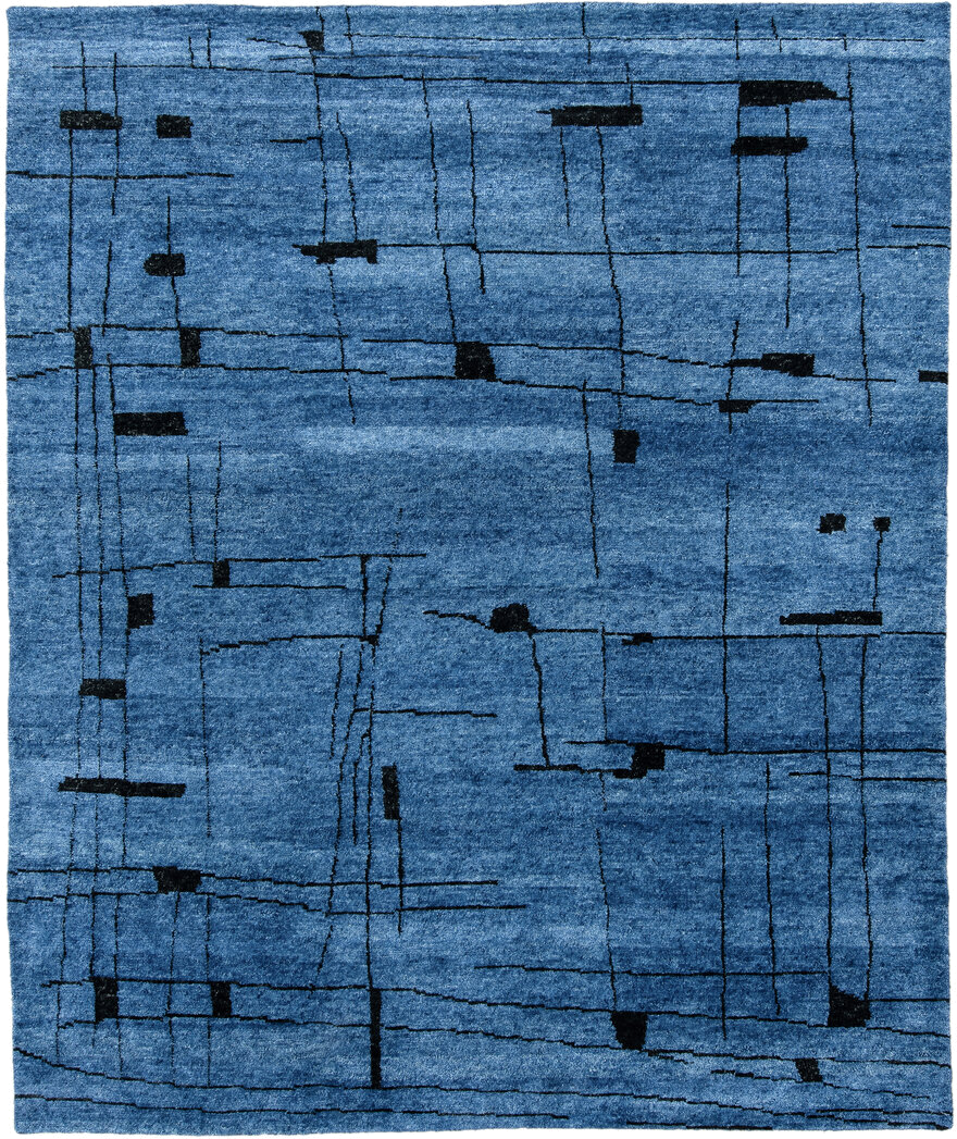 8' x 9' one-of-a-kind handmade vintage Tribeca rug. Color palette: blue, black, slate, gray