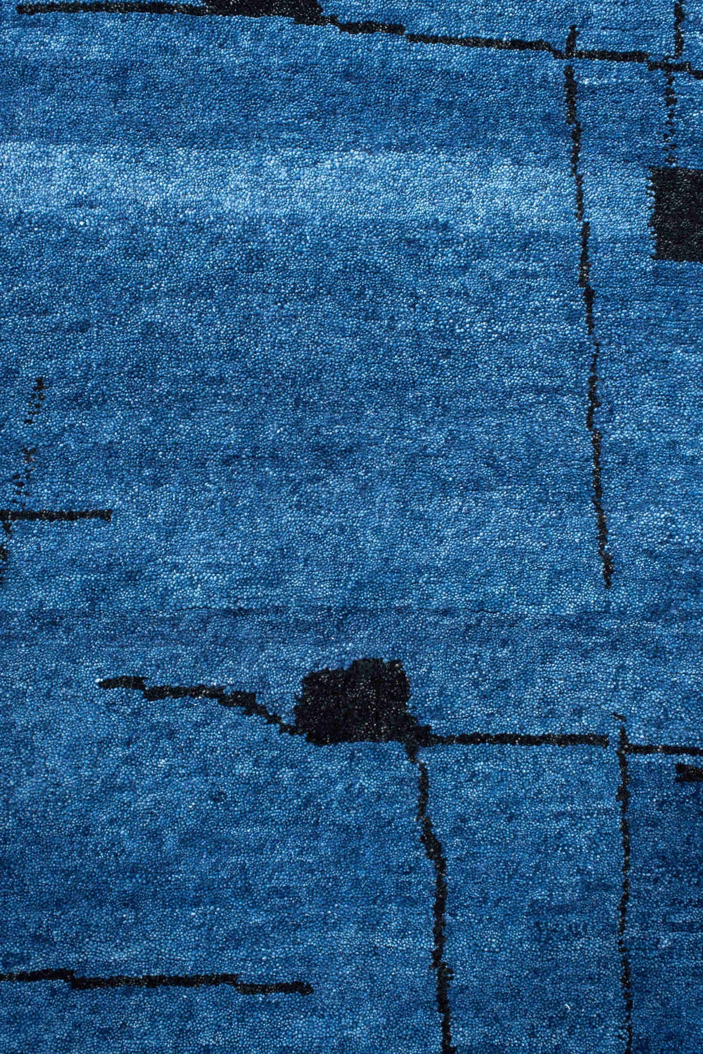 8' x 9' one-of-a-kind handmade vintage Tribeca rug. Color palette: blue, black, slate, gray