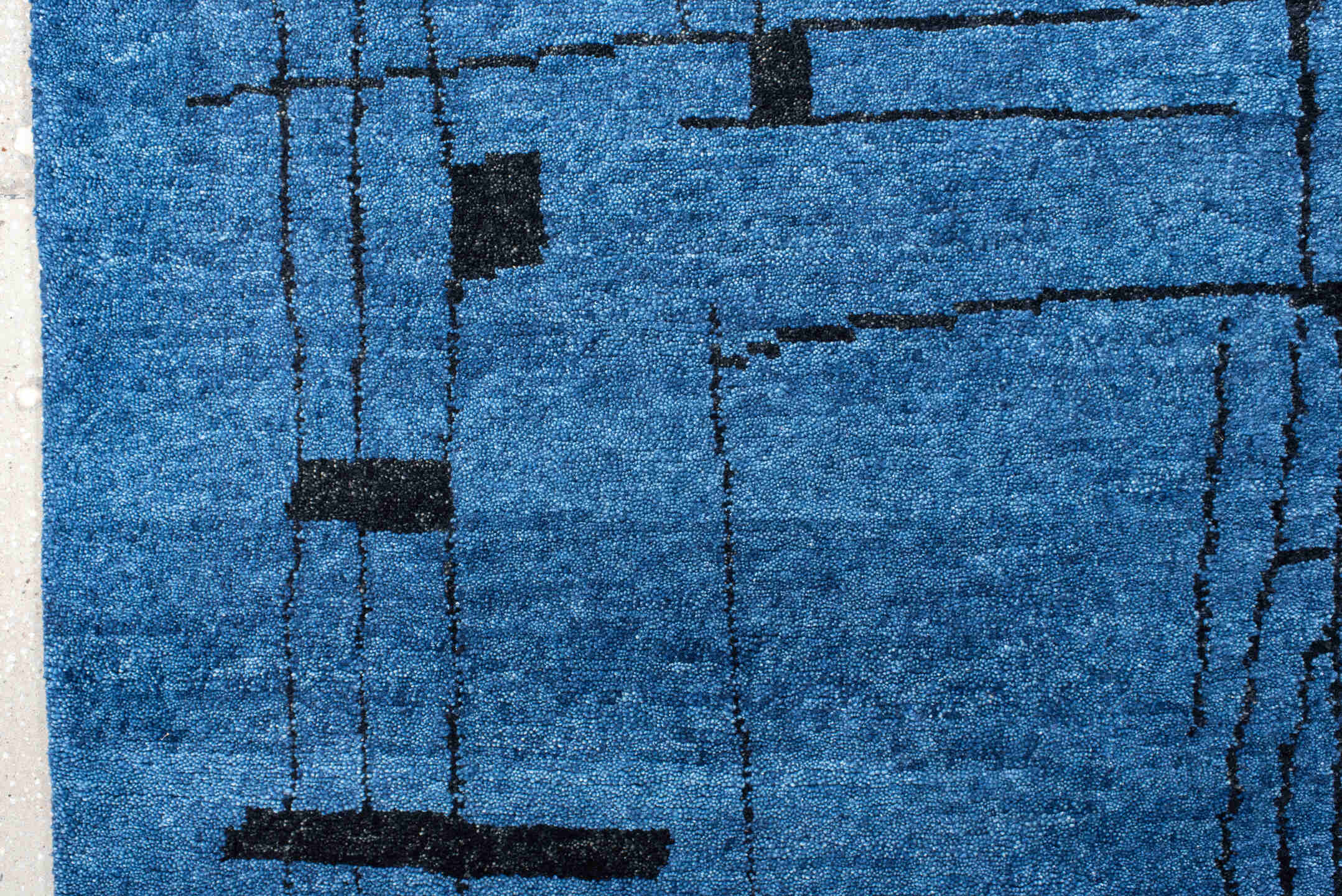 8' x 9' one-of-a-kind handmade vintage Tribeca rug. Color palette: blue, black, slate, gray