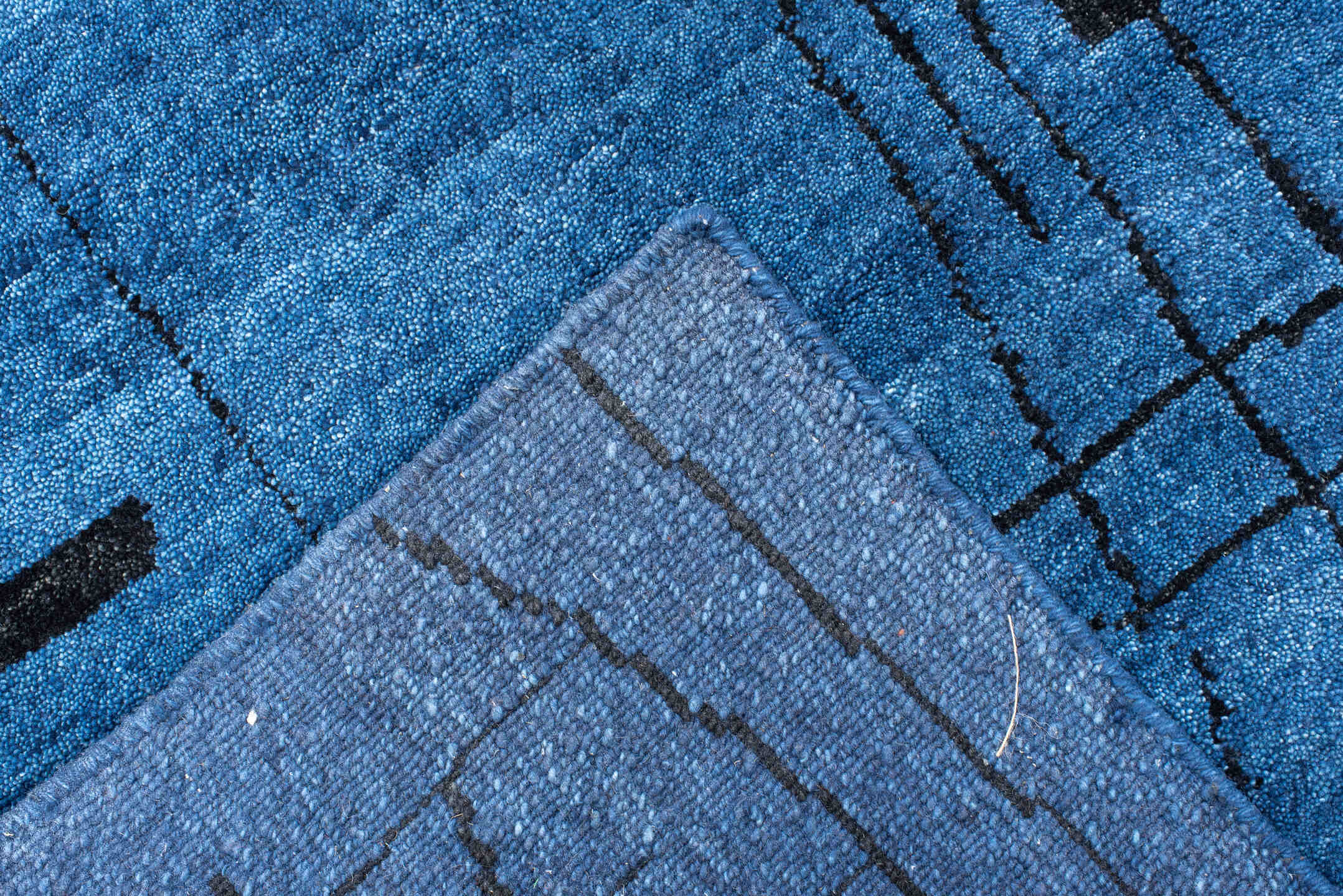 8' x 9' one-of-a-kind handmade vintage Tribeca rug. Color palette: blue, black, slate, gray