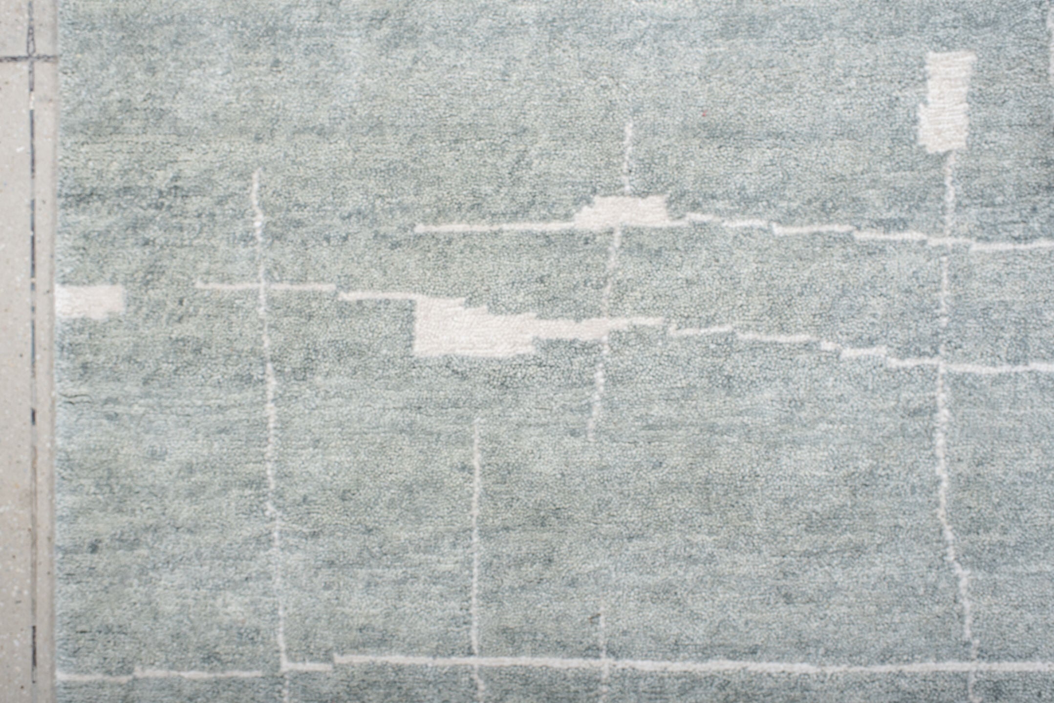 8' x 10' one-of-a-kind handmade vintage Tribeca large size rug. Color palette: pale blue, ivory, silver, mist, light blue