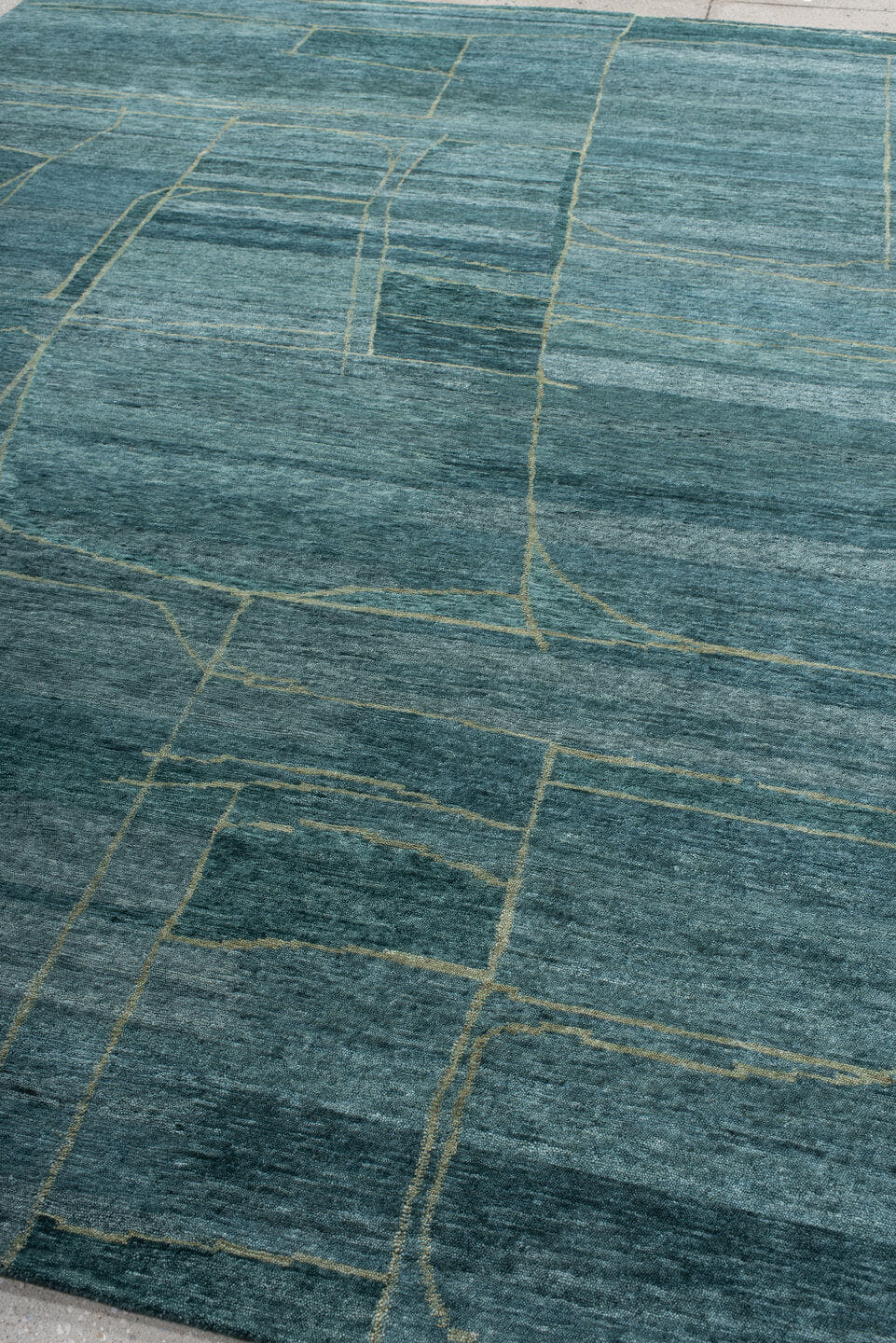8' x 10' one-of-a-kind handmade vintage Tribeca large size rug. Color palette: teal, slate, ivory, sage, charcoal, gray