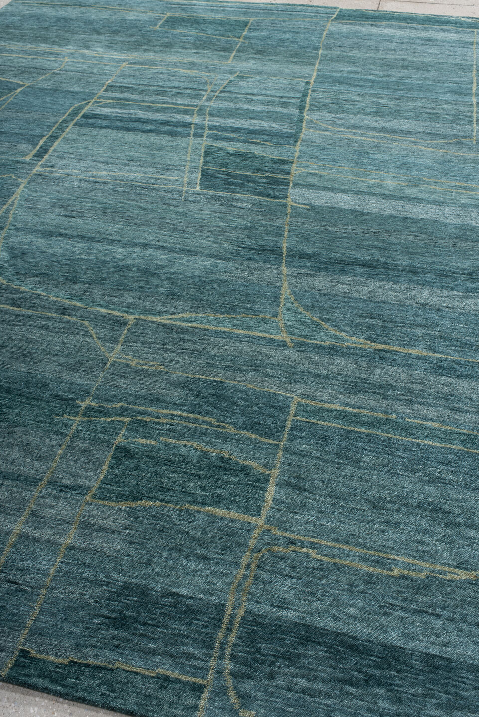 8' x 10' one-of-a-kind handmade vintage Tribeca large size rug. Color palette: teal, slate, ivory, sage, charcoal, gray