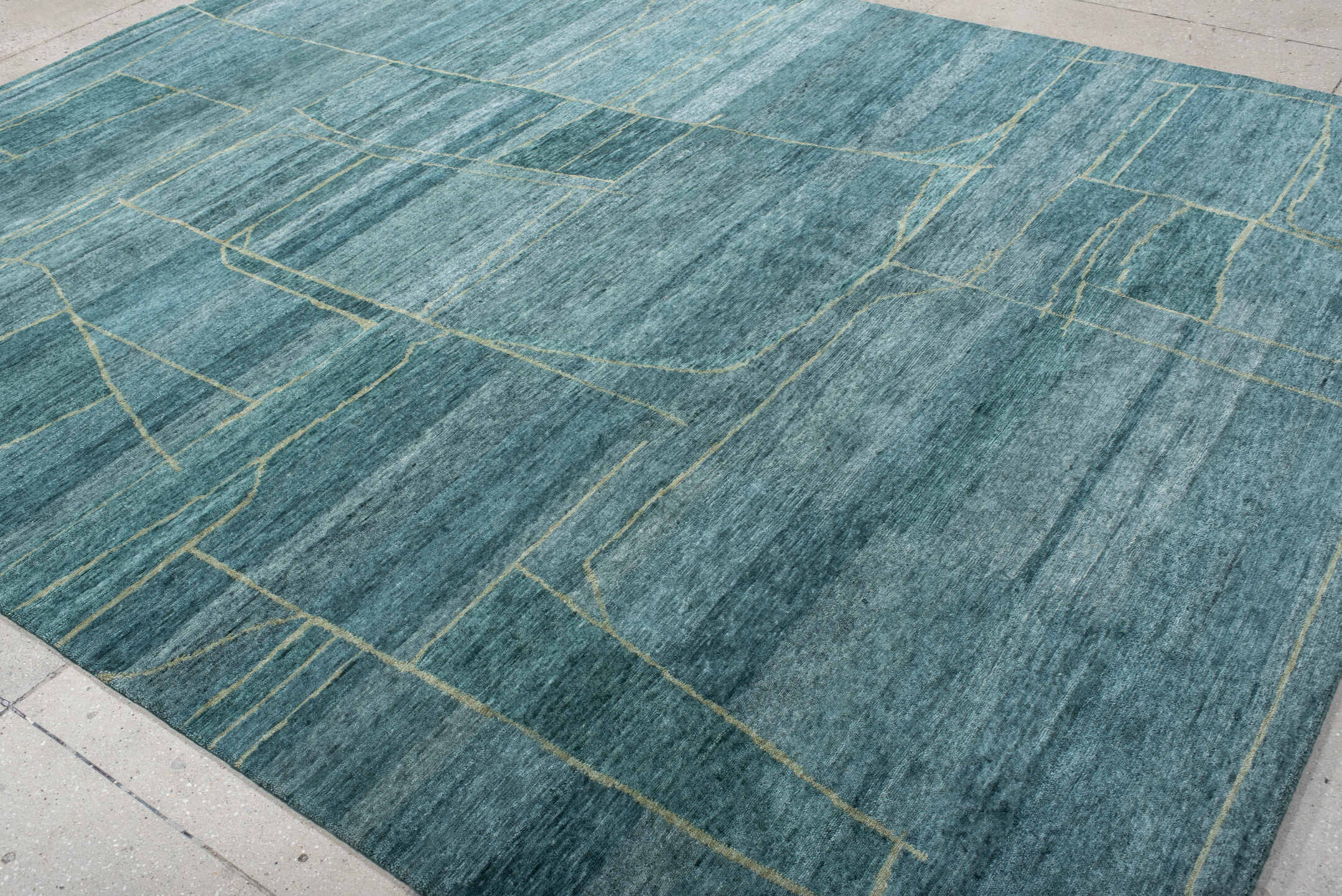 8' x 10' one-of-a-kind handmade vintage Tribeca large size rug. Color palette: teal, slate, ivory, sage, charcoal, gray