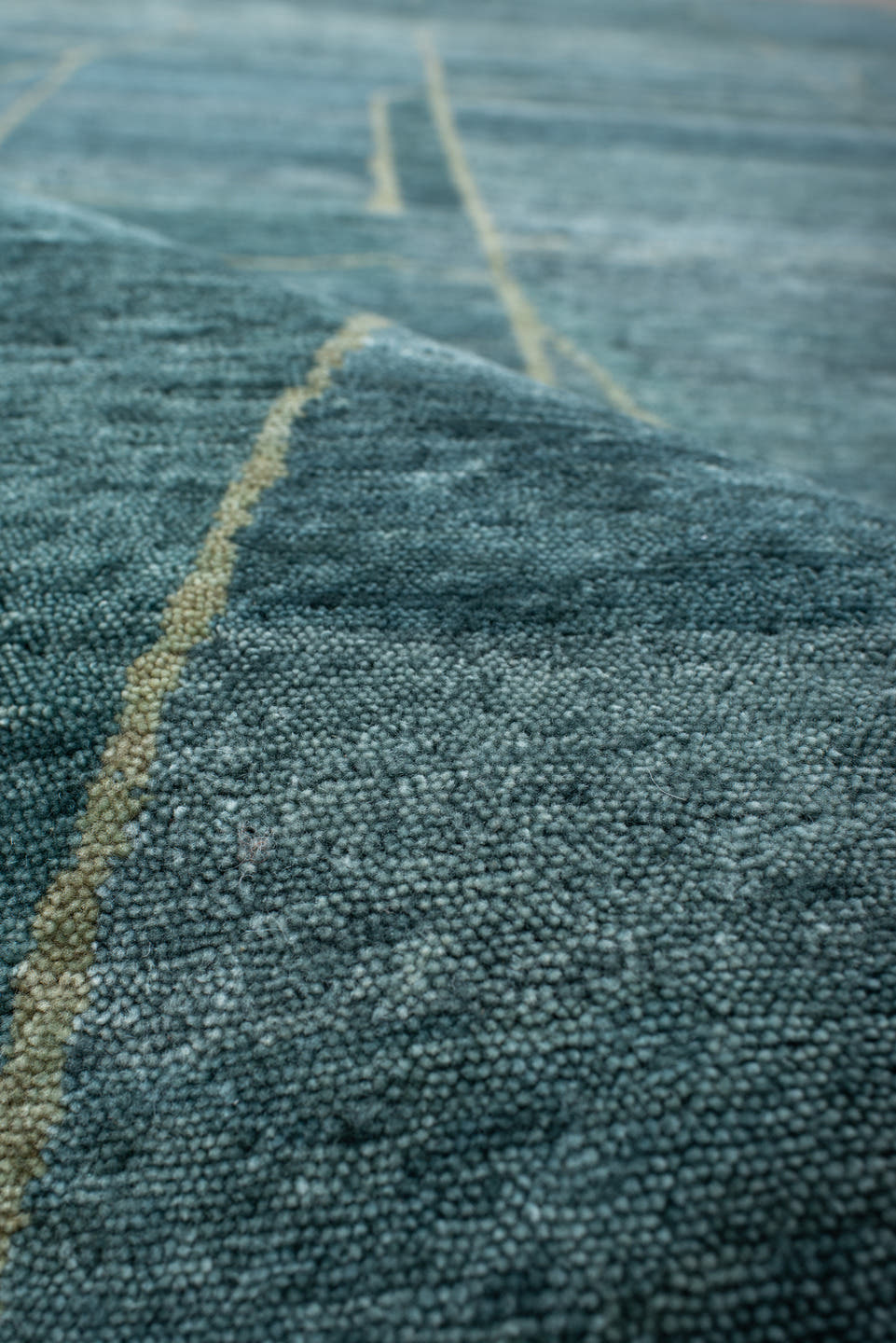 8' x 10' one-of-a-kind handmade vintage Tribeca large size rug. Color palette: teal, slate, ivory, sage, charcoal, gray