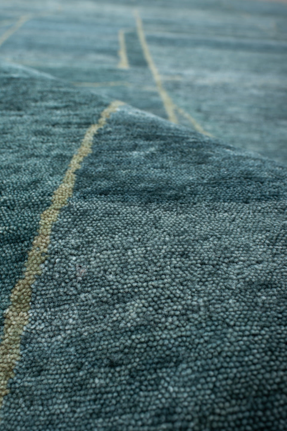 8' x 10' one-of-a-kind handmade vintage Tribeca large size rug. Color palette: teal, slate, ivory, sage, charcoal, gray