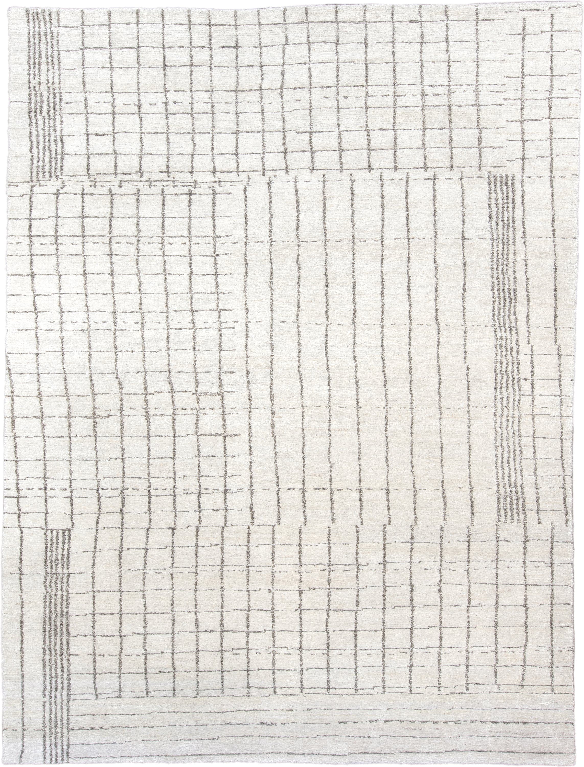 9' x 12' one-of-a-kind handmade vintage Tribeca large size rug. Color palette: ivory, taupe, cream, beige, light gray, gray