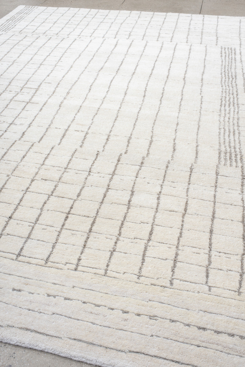 9' x 12' one-of-a-kind handmade vintage Tribeca large size rug. Color palette: ivory, taupe, cream, beige, light gray, gray