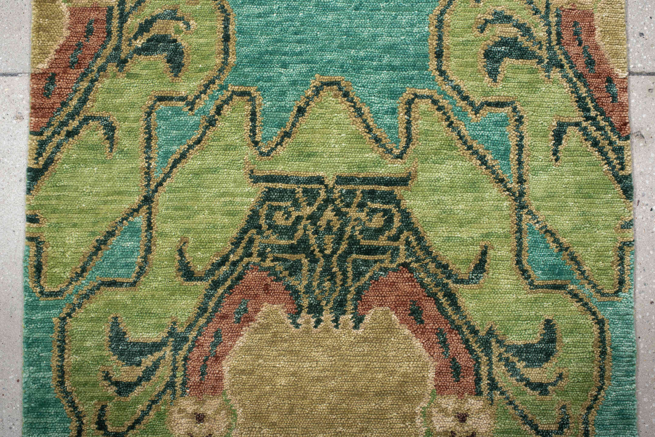 3' x 12' one-of-a-kind handmade vintage Tribeca runner rug. Color palette: aqua, sage, ivory, charcoal, blush, taupe, teal