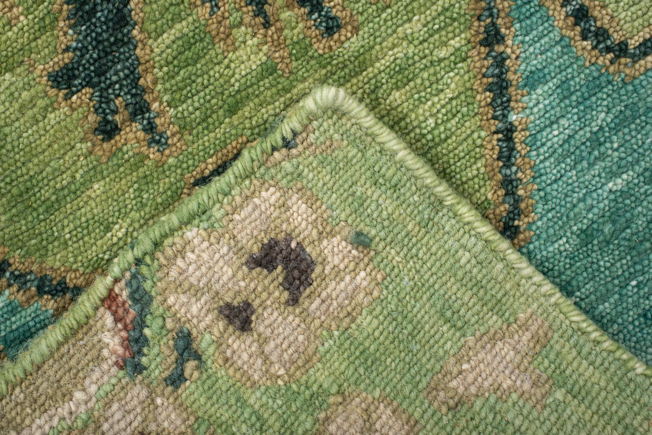 3' x 12' one-of-a-kind handmade vintage Tribeca runner rug. Color palette: aqua, sage, ivory, charcoal, blush, taupe, teal