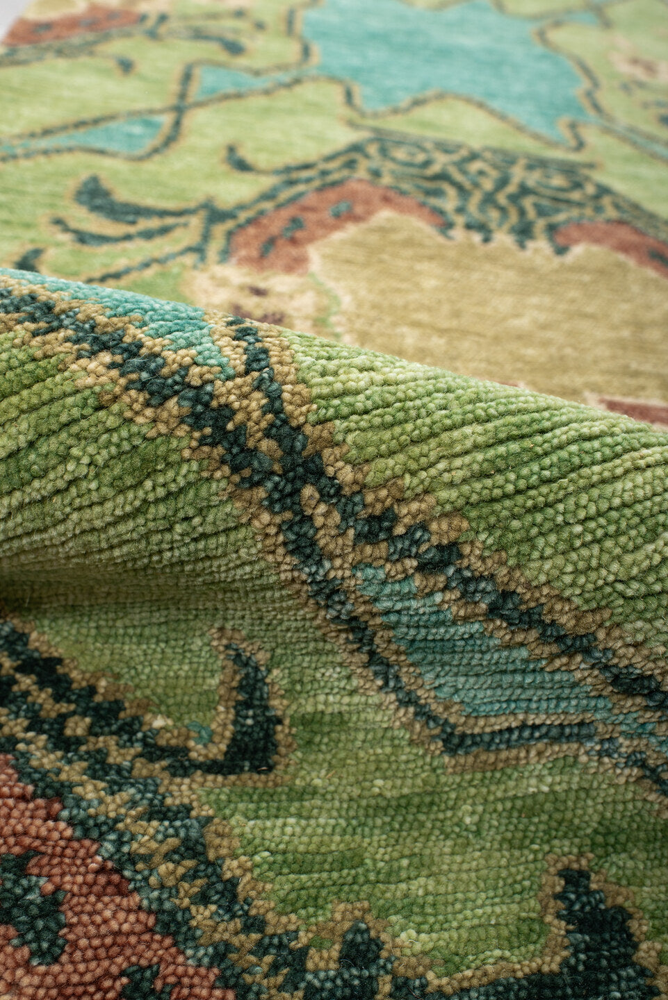 3' x 12' one-of-a-kind handmade vintage Tribeca runner rug. Color palette: aqua, sage, ivory, charcoal, blush, taupe, teal