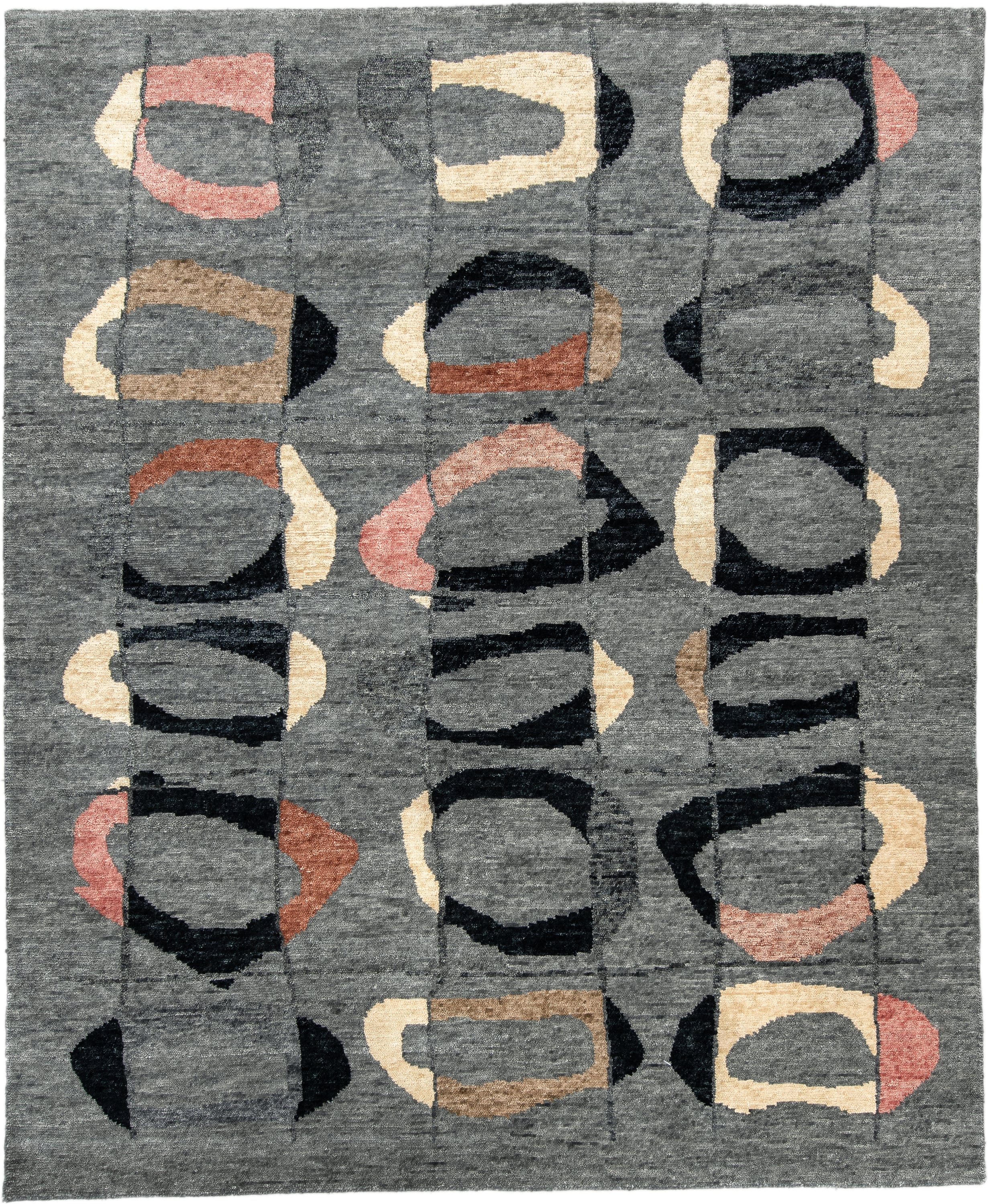 8' x 10' one-of-a-kind handmade vintage Tribeca large size rug. Color palette: charcoal, gray, black, ivory, rose, camel