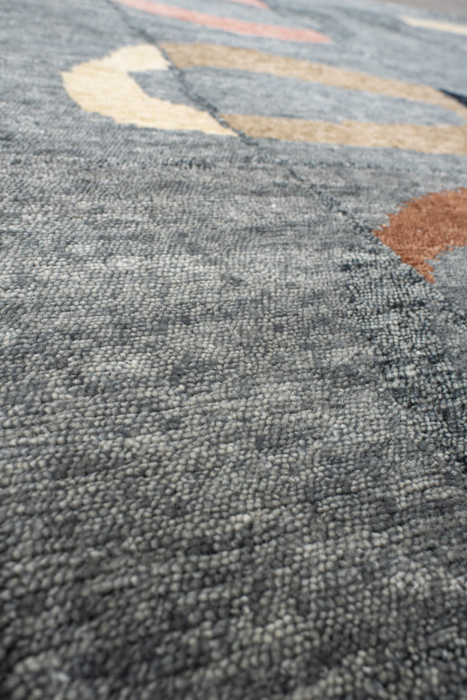 8' x 10' one-of-a-kind handmade vintage Tribeca large size rug. Color palette: charcoal, gray, black, ivory, rose, camel