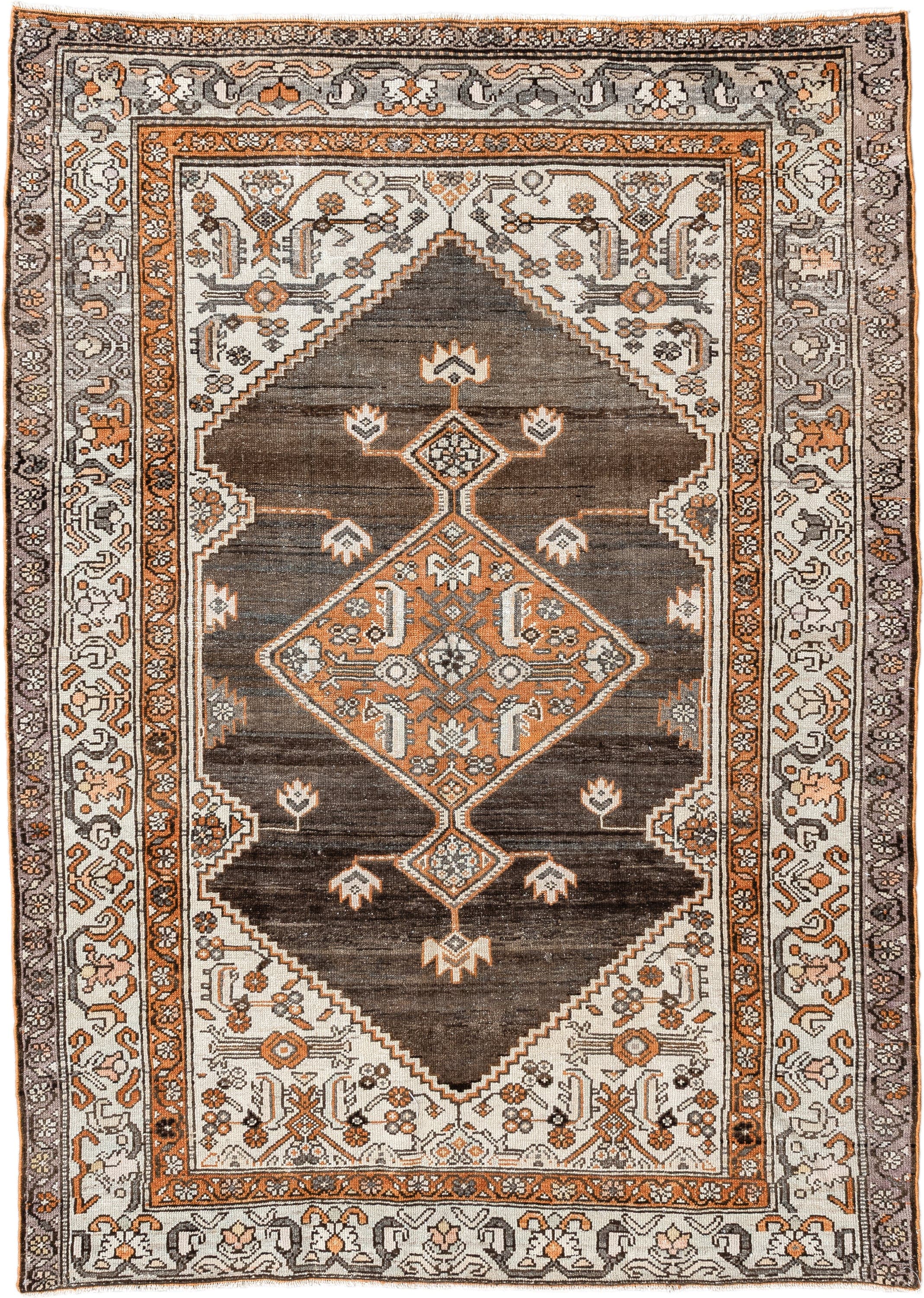 4' x 6' one-of-a-kind handmade vintage Hamadan small size rug. Color palette: brown, ivory, taupe, rust, charcoal, gray