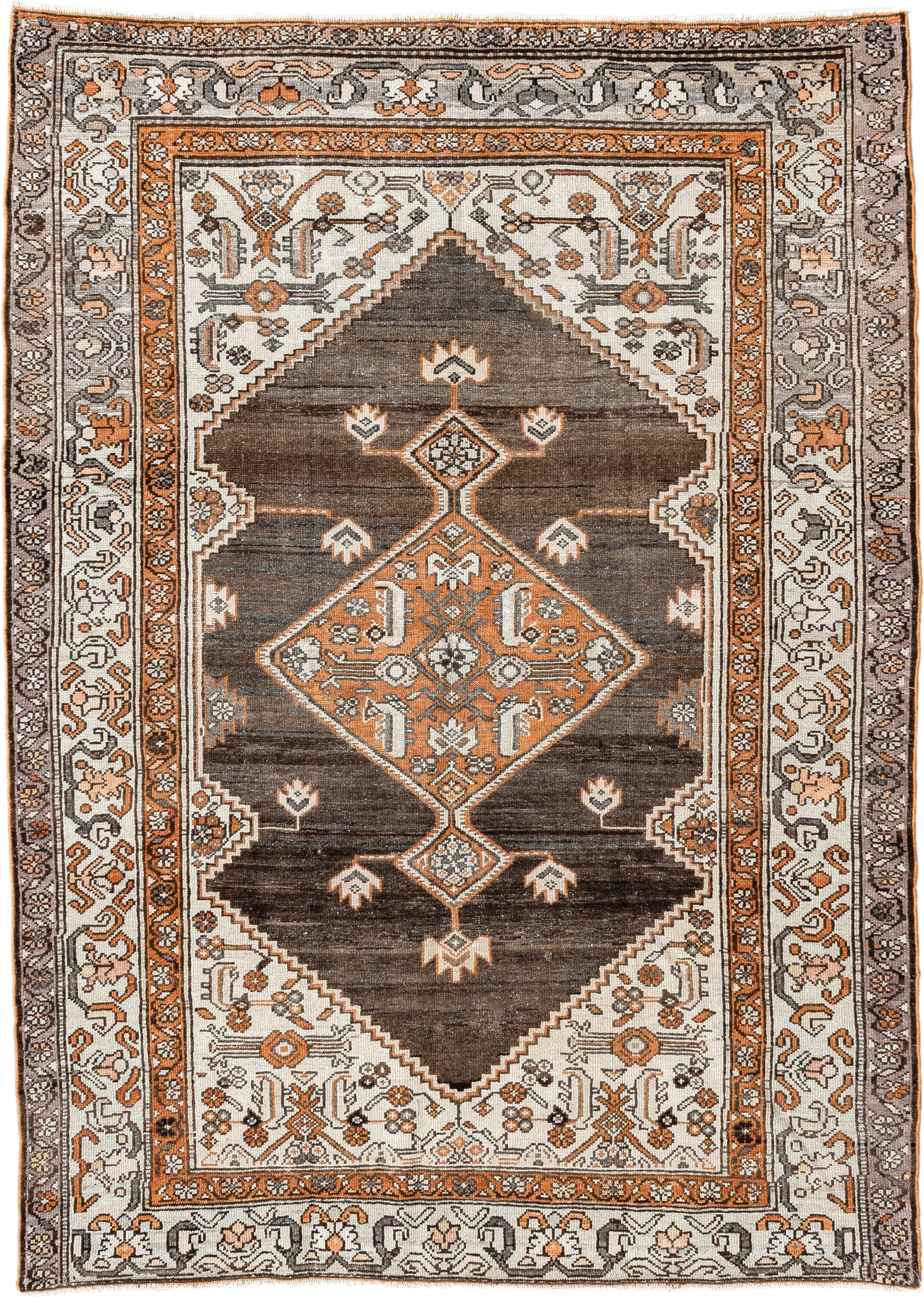 4' x 6' one-of-a-kind handmade vintage Hamadan small size rug. Color palette: brown, ivory, taupe, rust, charcoal, gray