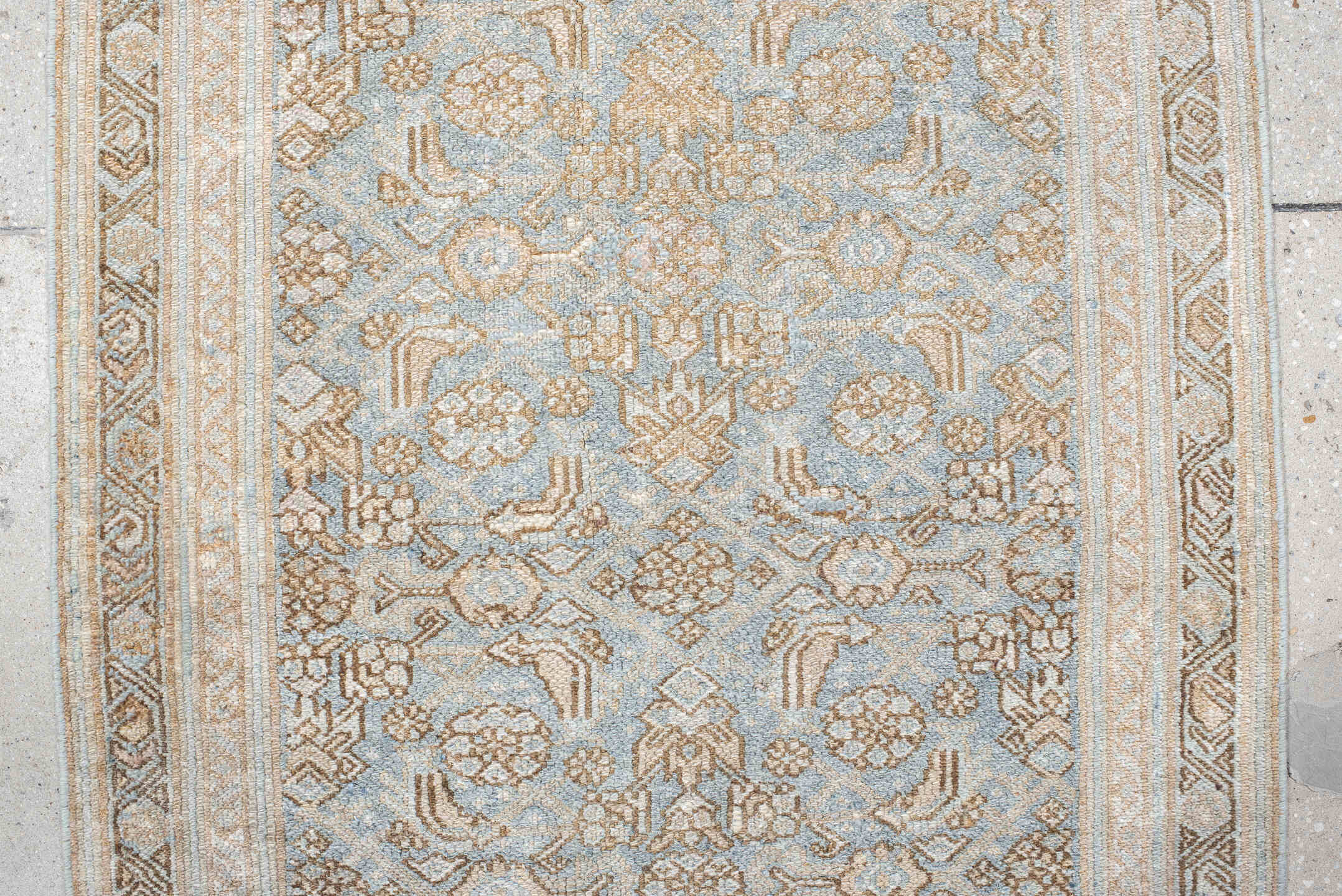 2' x 13' one-of-a-kind handmade vintage Bibikabad runner rug. Color palette: brown, pink, gray, light gray, off-white