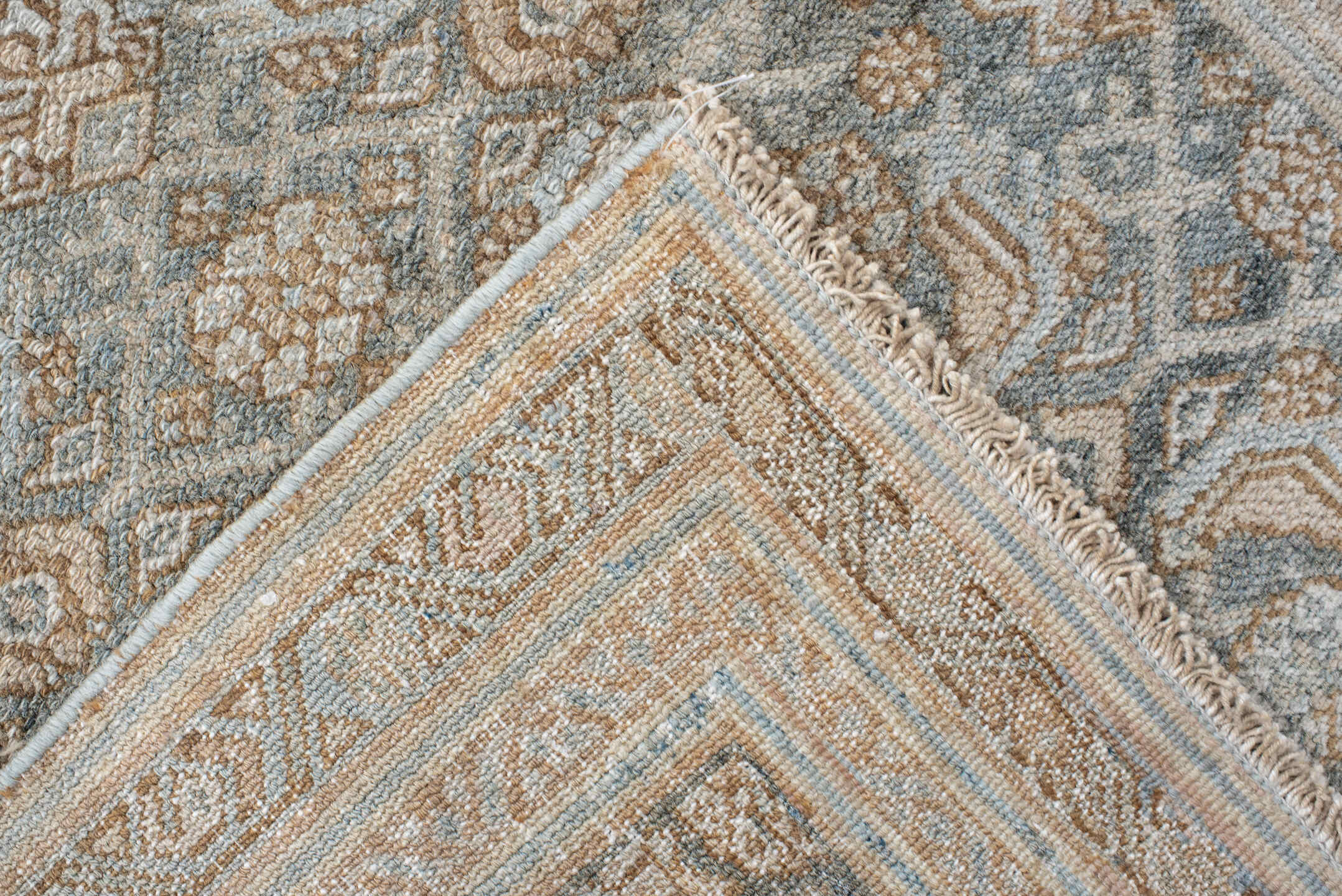 2' x 13' one-of-a-kind handmade vintage Bibikabad runner rug. Color palette: brown, pink, gray, light gray, off-white