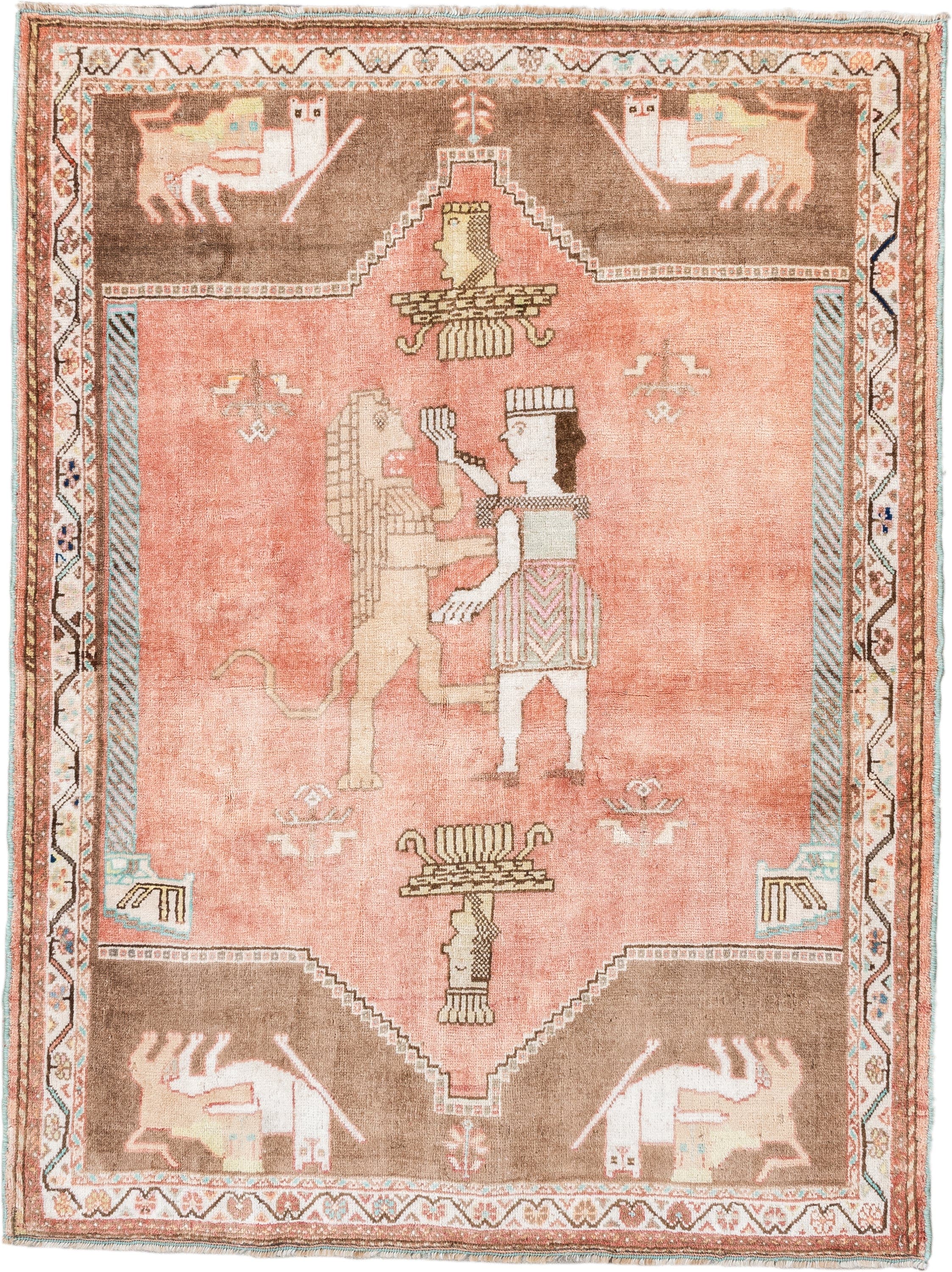 4' x 5' one-of-a-kind handmade vintage Gabbeh small size rug. Color palette: rose, camel, ivory, aqua, taupe, coral, brown