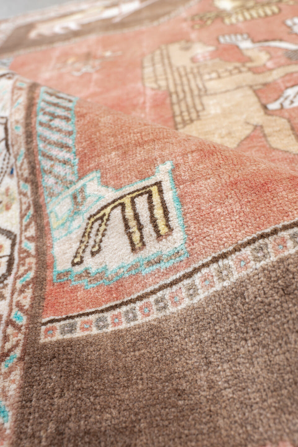 4' x 5' one-of-a-kind handmade vintage Gabbeh small size rug. Color palette: rose, camel, ivory, aqua, taupe, coral, brown
