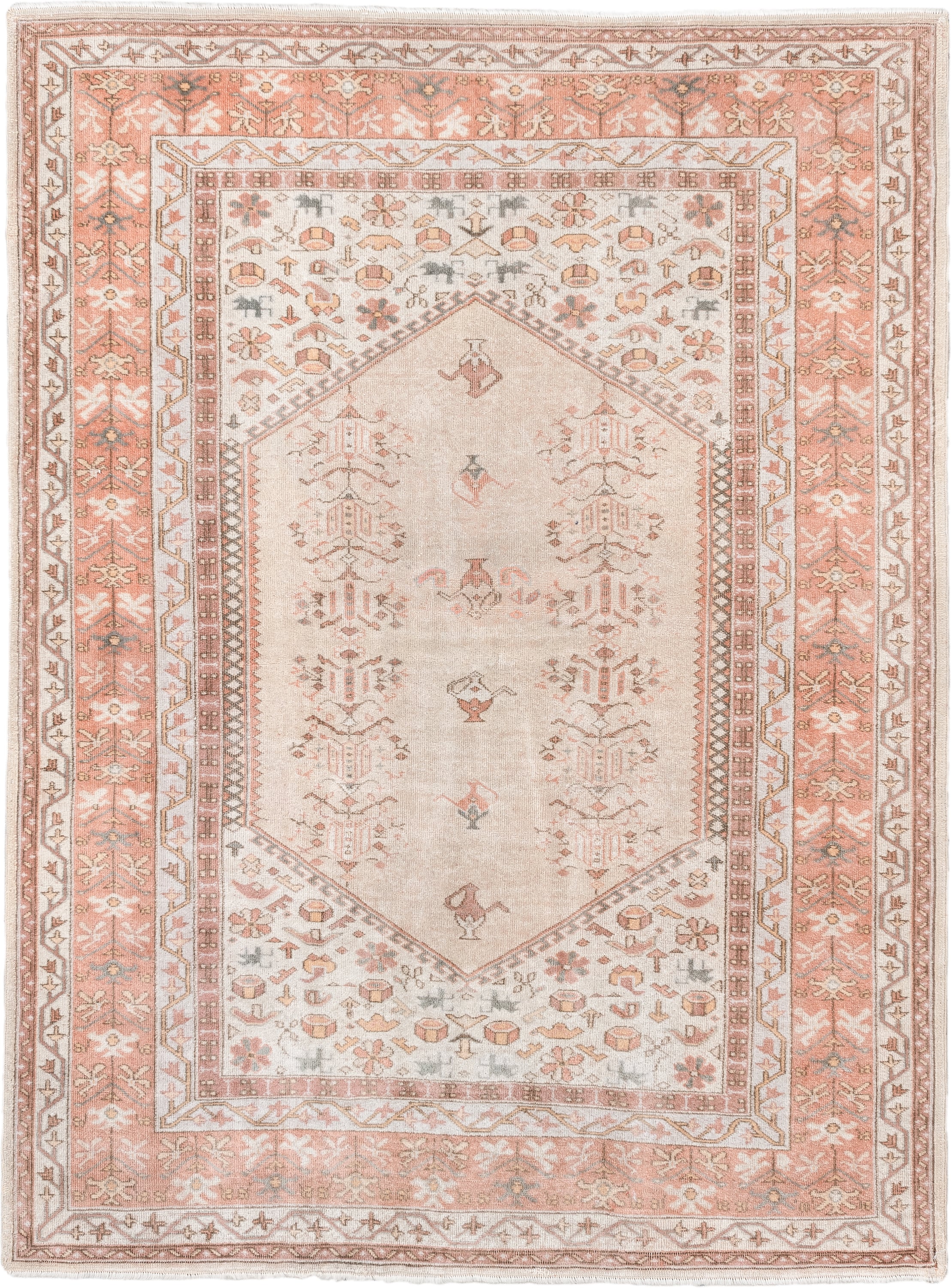 5' x 6' one-of-a-kind handmade vintage Melas rug. Color palette: ivory, blush, salmon, taupe, gray, camel, pink, beige
