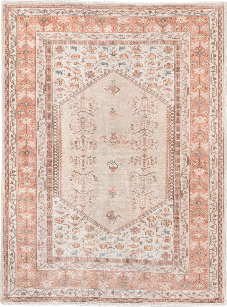 5' x 6' one-of-a-kind handmade vintage Melas rug. Color palette: antiquewhite, brown, gray, light gray, linen, off-white