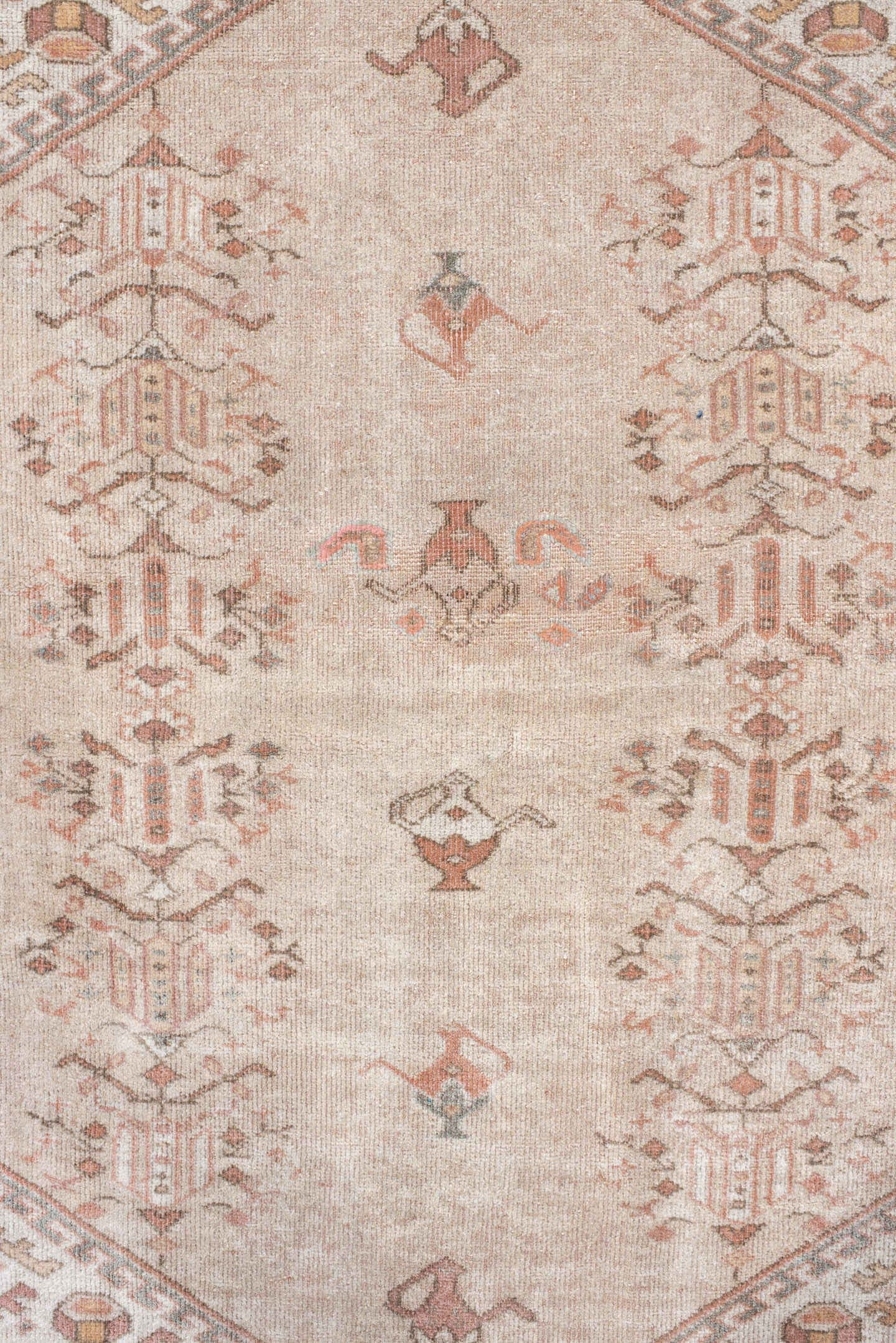 5' x 6' one-of-a-kind handmade vintage Melas rug. Color palette: ivory, blush, salmon, taupe, gray, camel, pink, beige