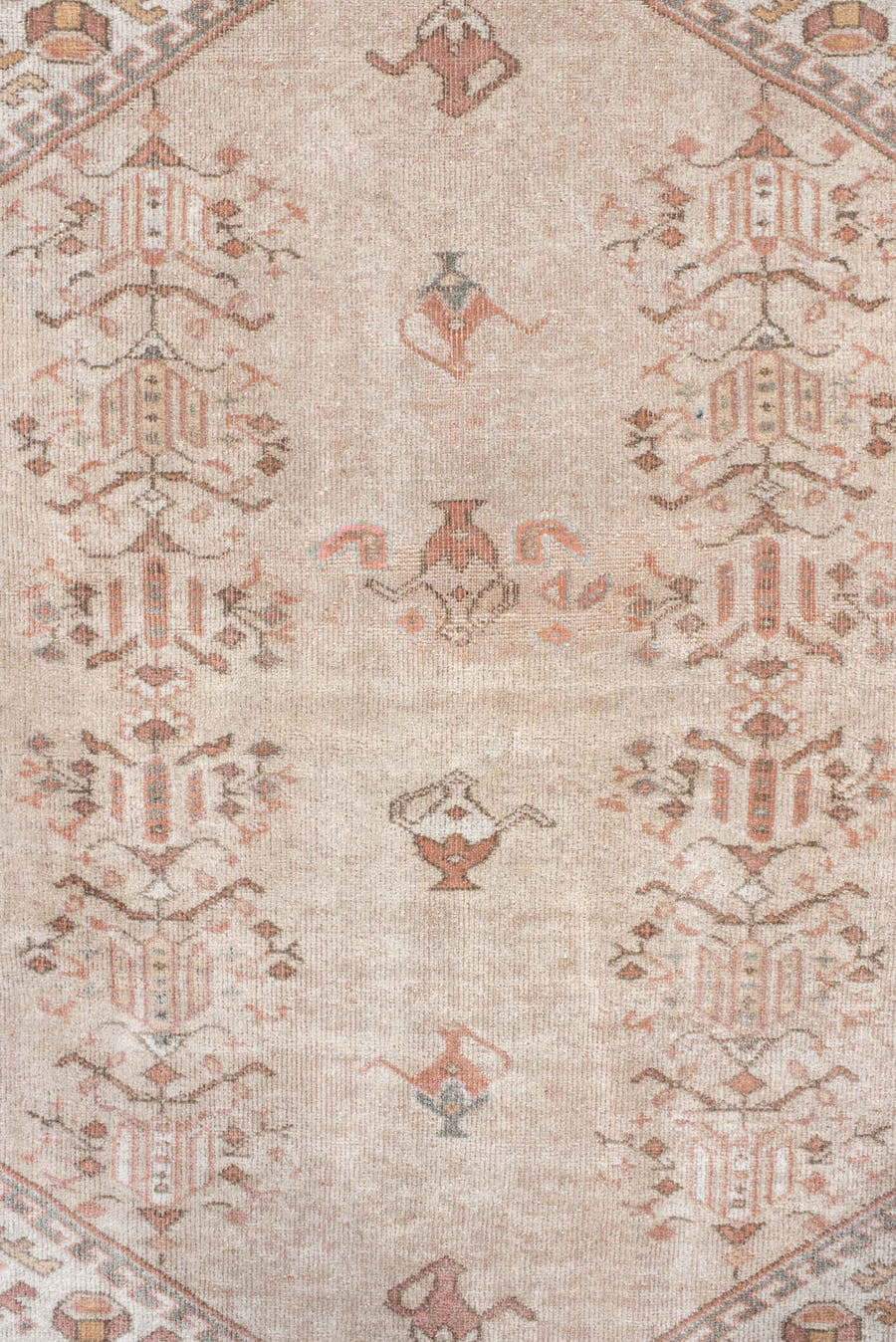 5' x 6' one-of-a-kind handmade vintage Melas rug. Color palette: ivory, blush, salmon, taupe, gray, camel, pink, beige
