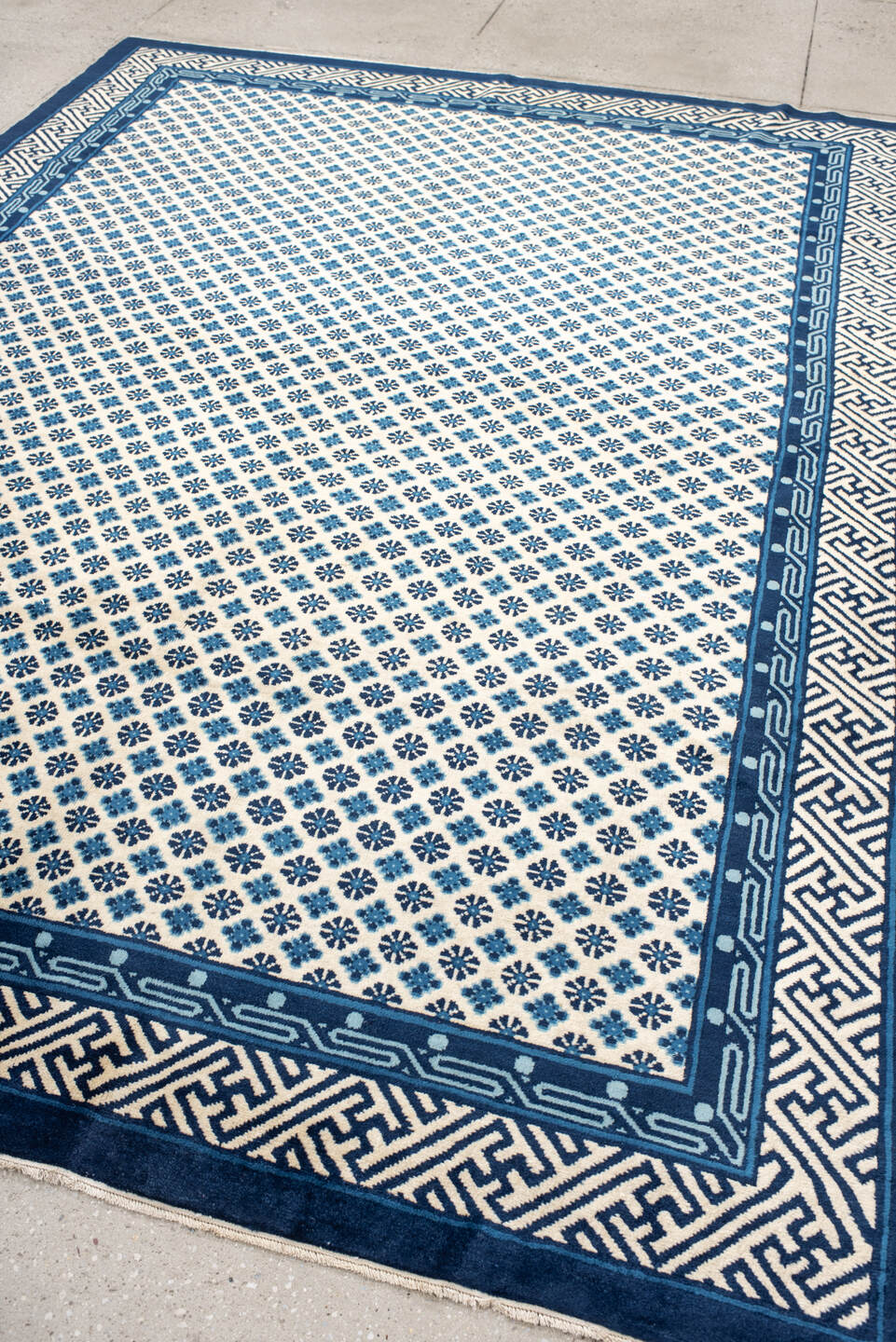 7' x 10' one-of-a-kind handmade vintage Chinese large size rug. Color palette: arapawa, blue, dark gray, gray, light blue