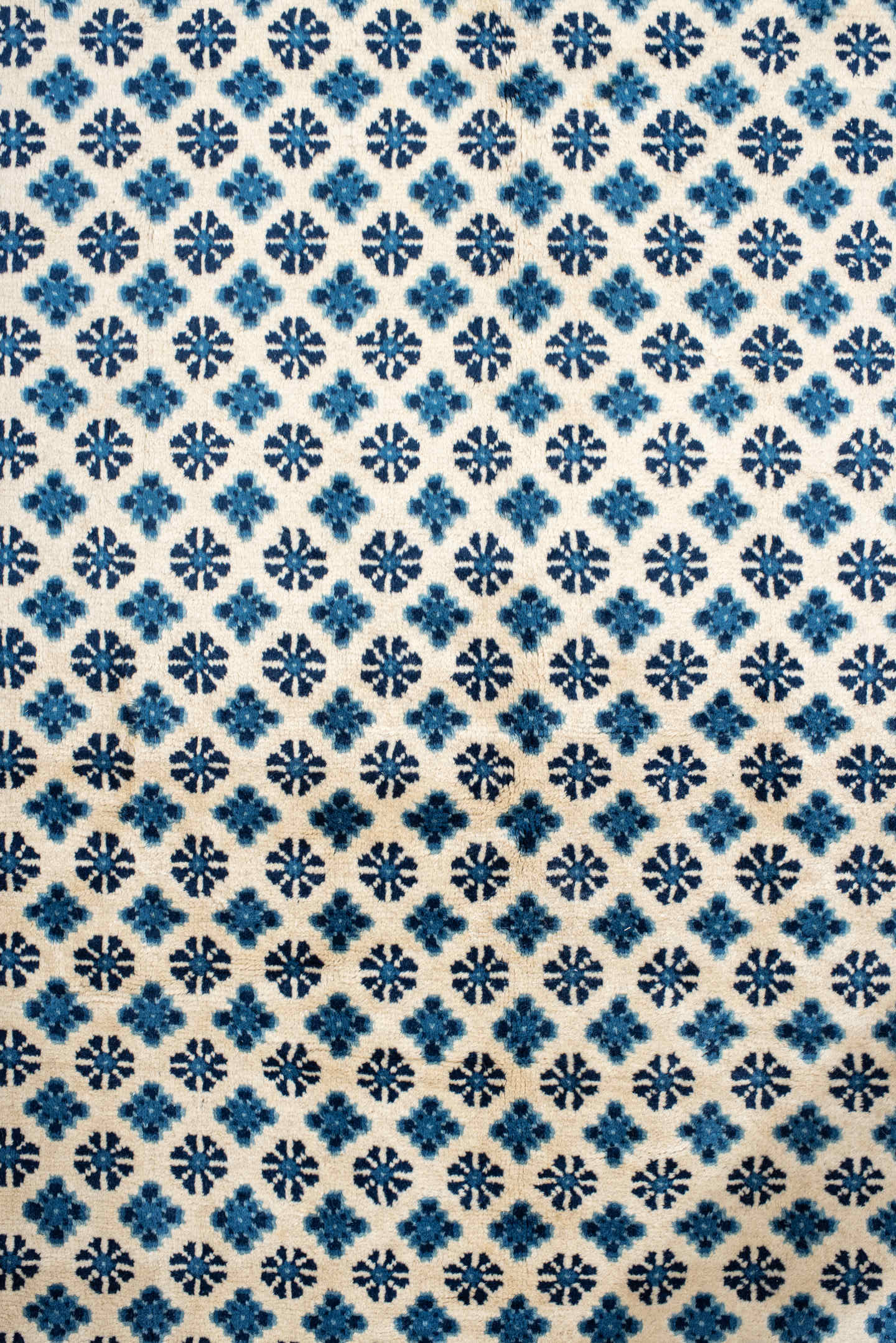 7' x 10' one-of-a-kind handmade vintage Chinese large size rug. Color palette: ivory, indigo, navy, slate, purple, blue