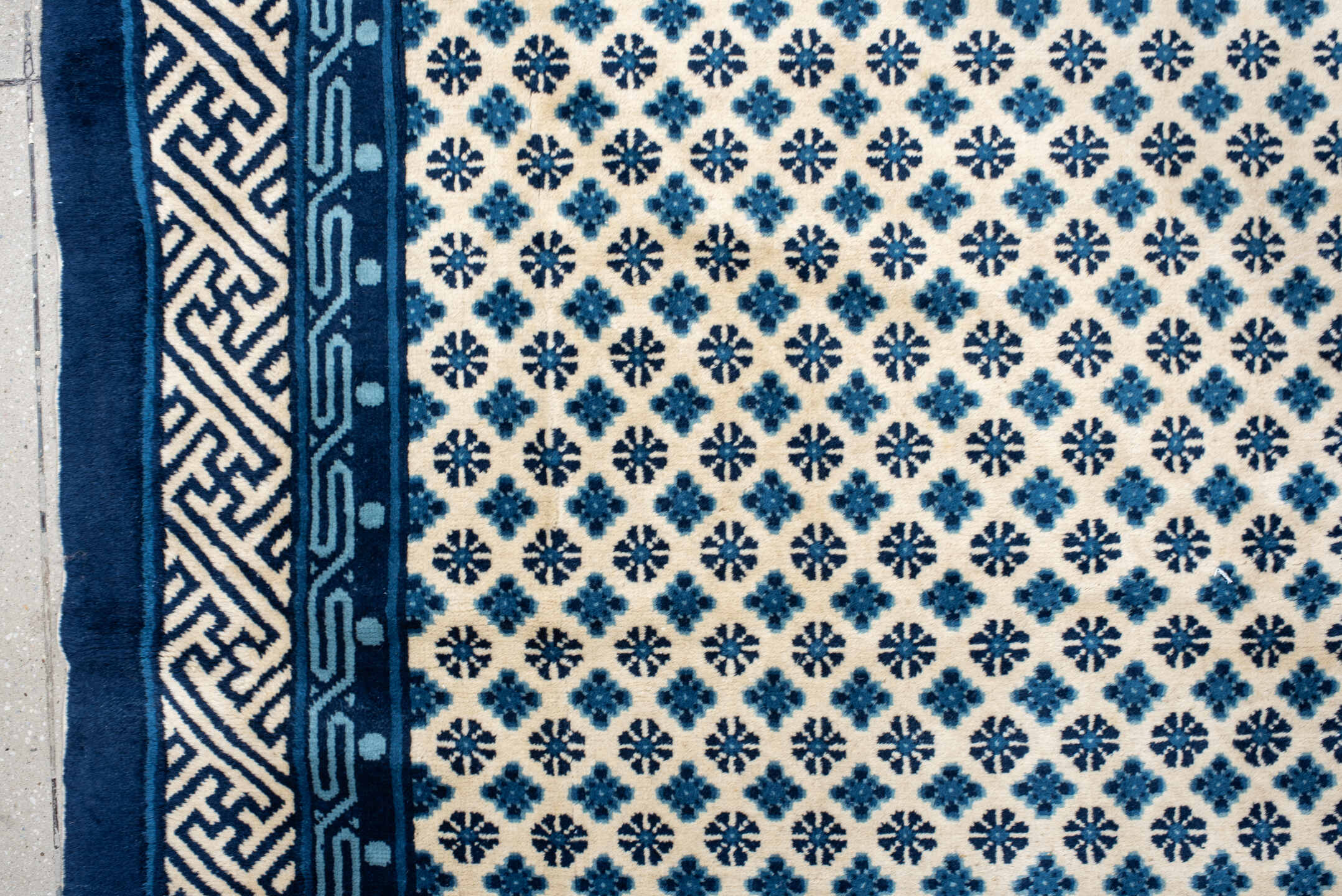 7' x 10' one-of-a-kind handmade vintage Chinese large size rug. Color palette: ivory, indigo, navy, slate, purple, blue