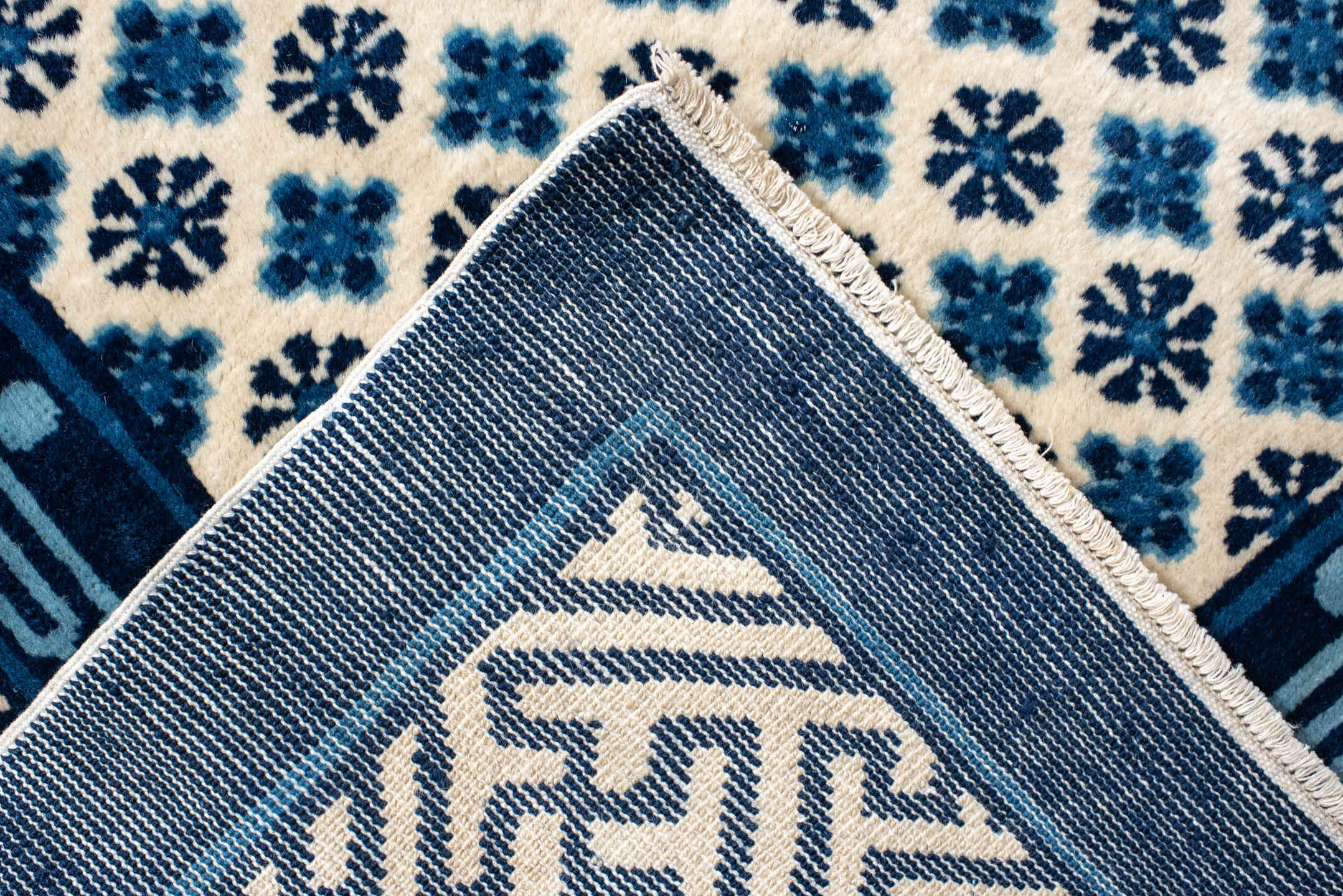 7' x 10' one-of-a-kind handmade vintage Chinese large size rug. Color palette: ivory, indigo, navy, slate, purple, blue