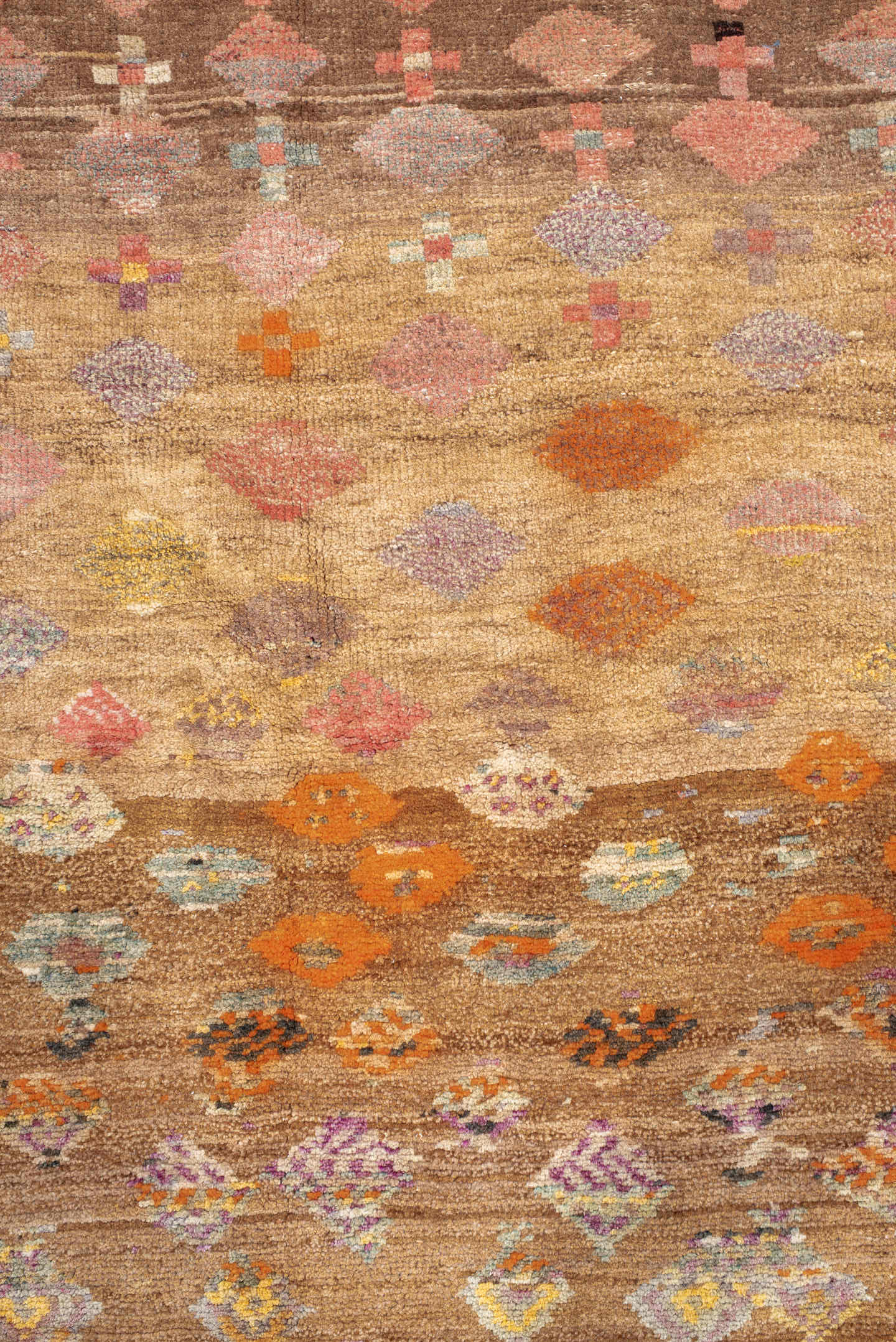 3' x 7' one-of-a-kind handmade vintage Kars rug. Color palette: taupe, camel, ivory, terra cotta, gold, sage, lavender