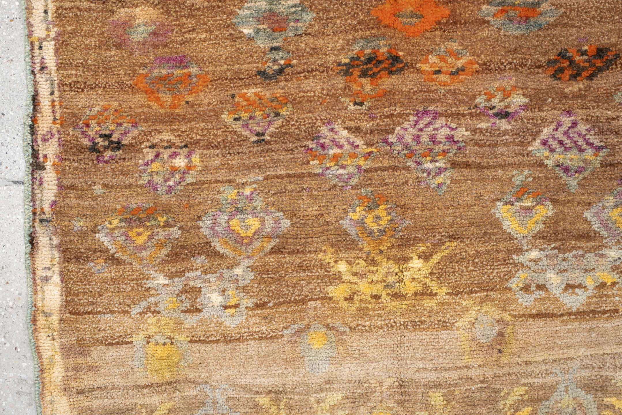 3' x 7' one-of-a-kind handmade vintage Kars rug. Color palette: taupe, camel, ivory, terra cotta, gold, sage, lavender