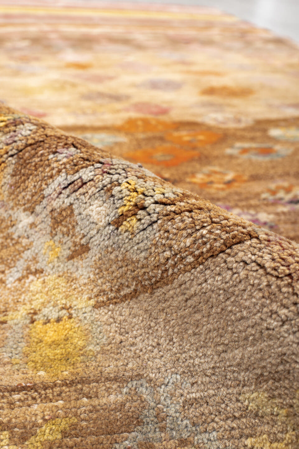 3' x 7' one-of-a-kind handmade vintage Kars rug. Color palette: taupe, camel, ivory, terra cotta, gold, sage, lavender