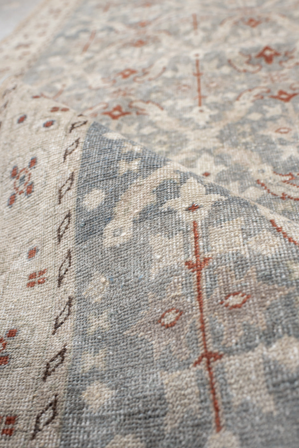 4' x 7' one-of-a-kind handmade antique Tabriz rug. Color palette: ivory, blue-gray, taupe, rust, slate, cream, gray, blue