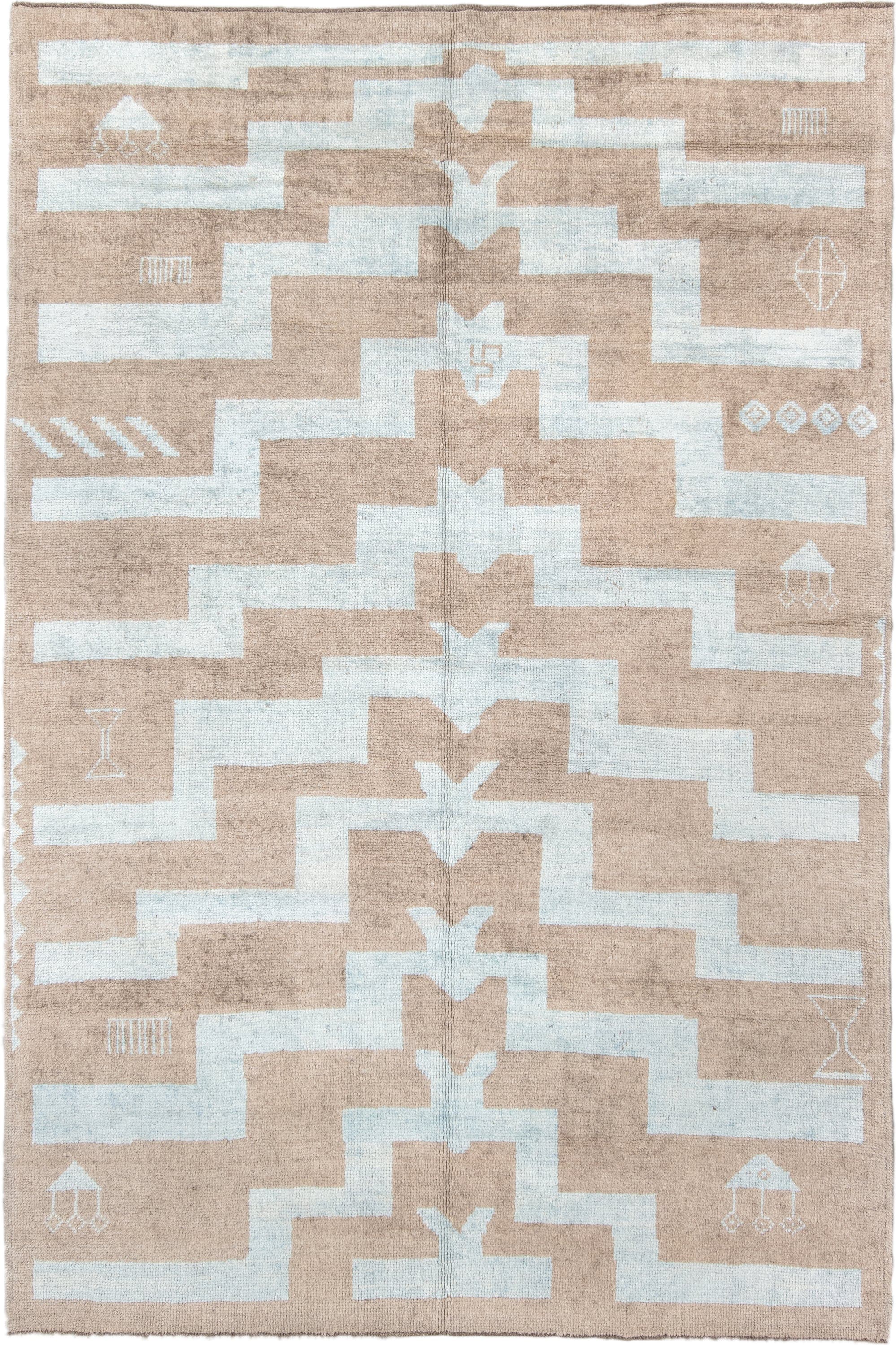 6' x 9' one-of-a-kind handmade vintage Oushak medium size rug. Color palette: beige, ivory, pale blue, light blue