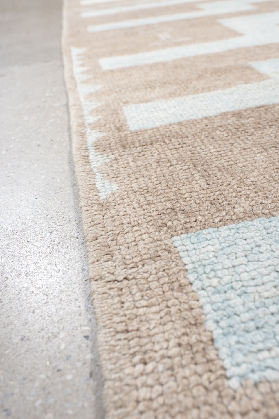 6' x 9' one-of-a-kind handmade vintage Oushak medium size rug. Color palette: beige, ivory, pale blue, light blue