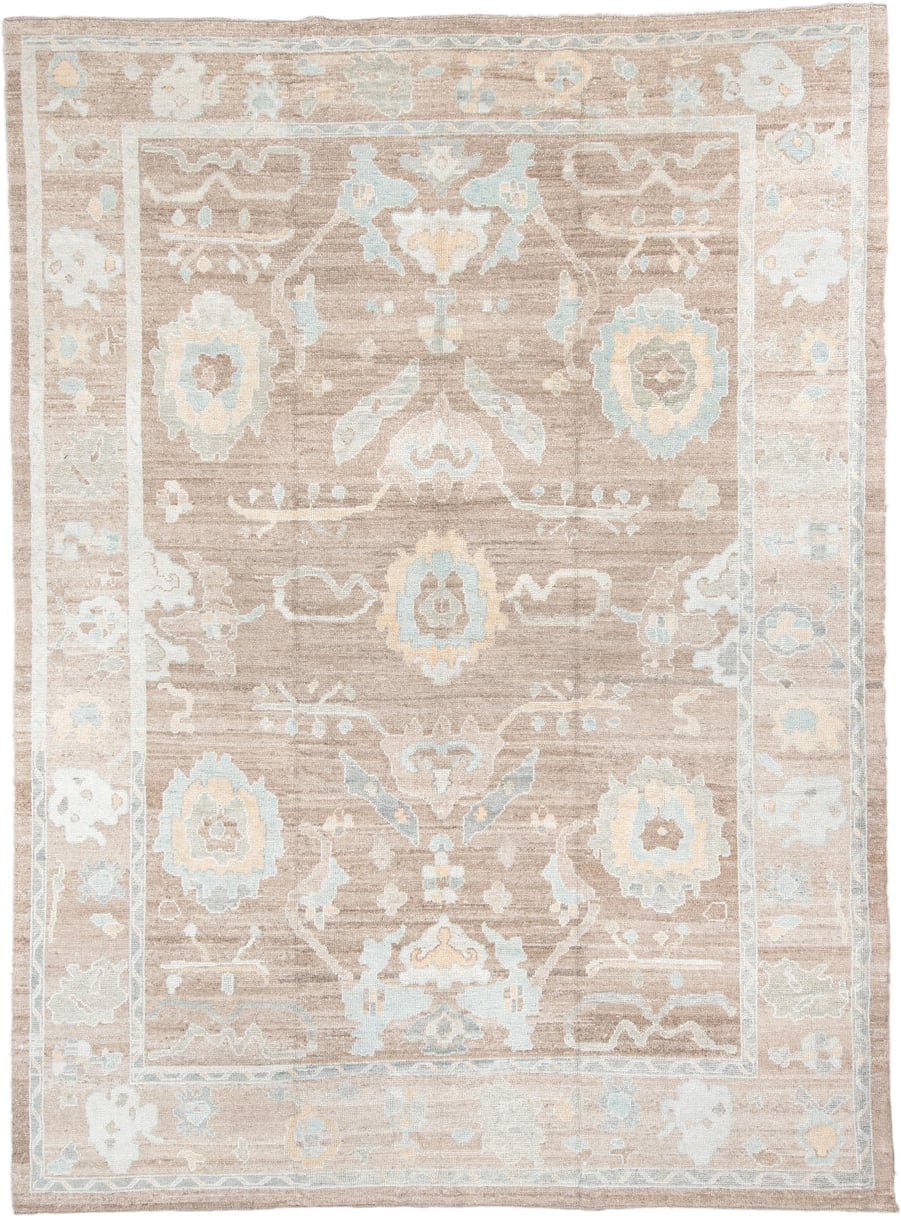10' x 14' one-of-a-kind handmade vintage large size rug. Color palette: taupe, ivory, pale aqua, cream, soft gold, beige